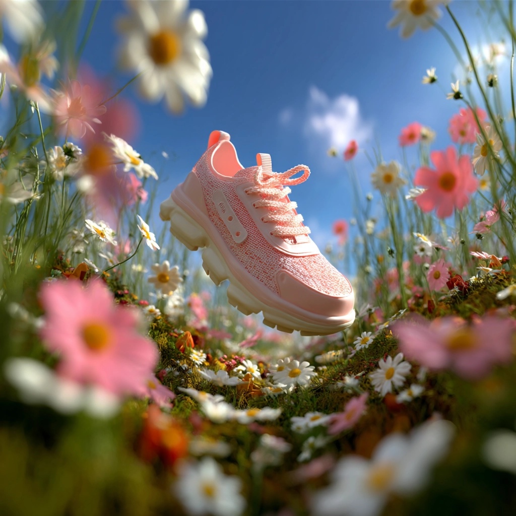 Dreamy Pink Sneaker in a Sunlit Forest Setting