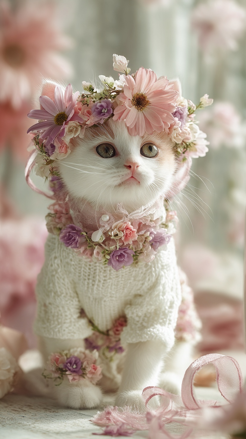Whimsical Floral Kitten: Adorable Fairy Charm