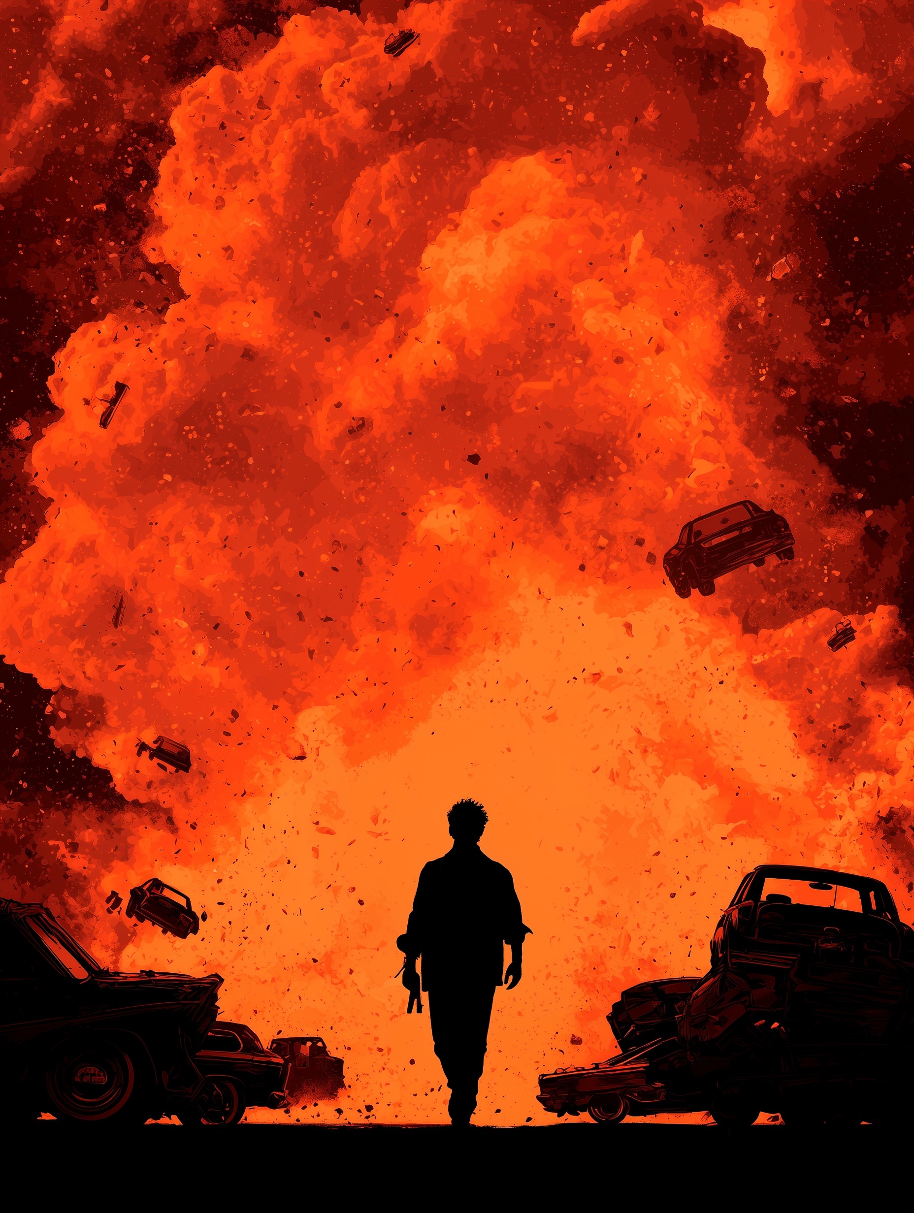 Epic Action Scene: Hero Amidst Explosive Chaos