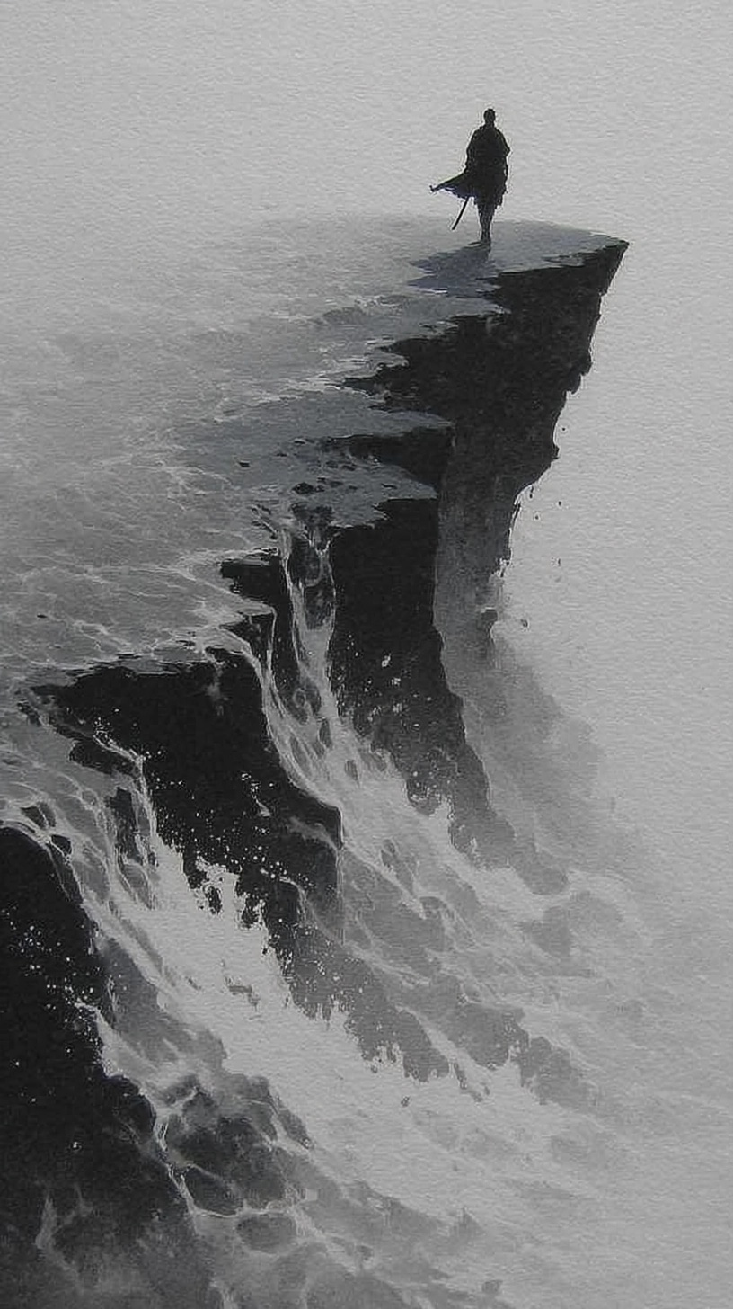 Monochrome Swordsman on Cloudy Cliff - Ink Wash Art
