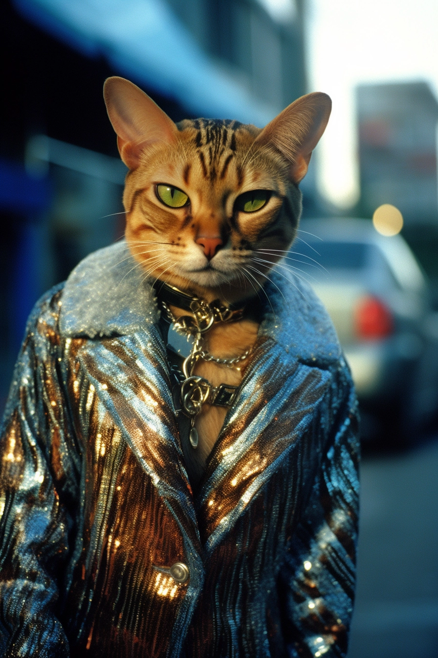 Sharp Bengal Cat in Glitter Trench: Candid City Photography