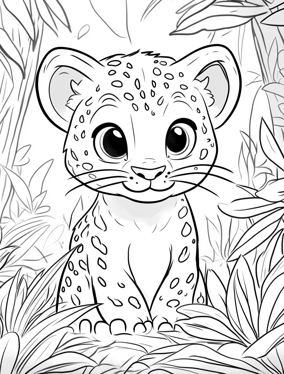 Coloring Page: Jaguar Cub in Jungle Foliage