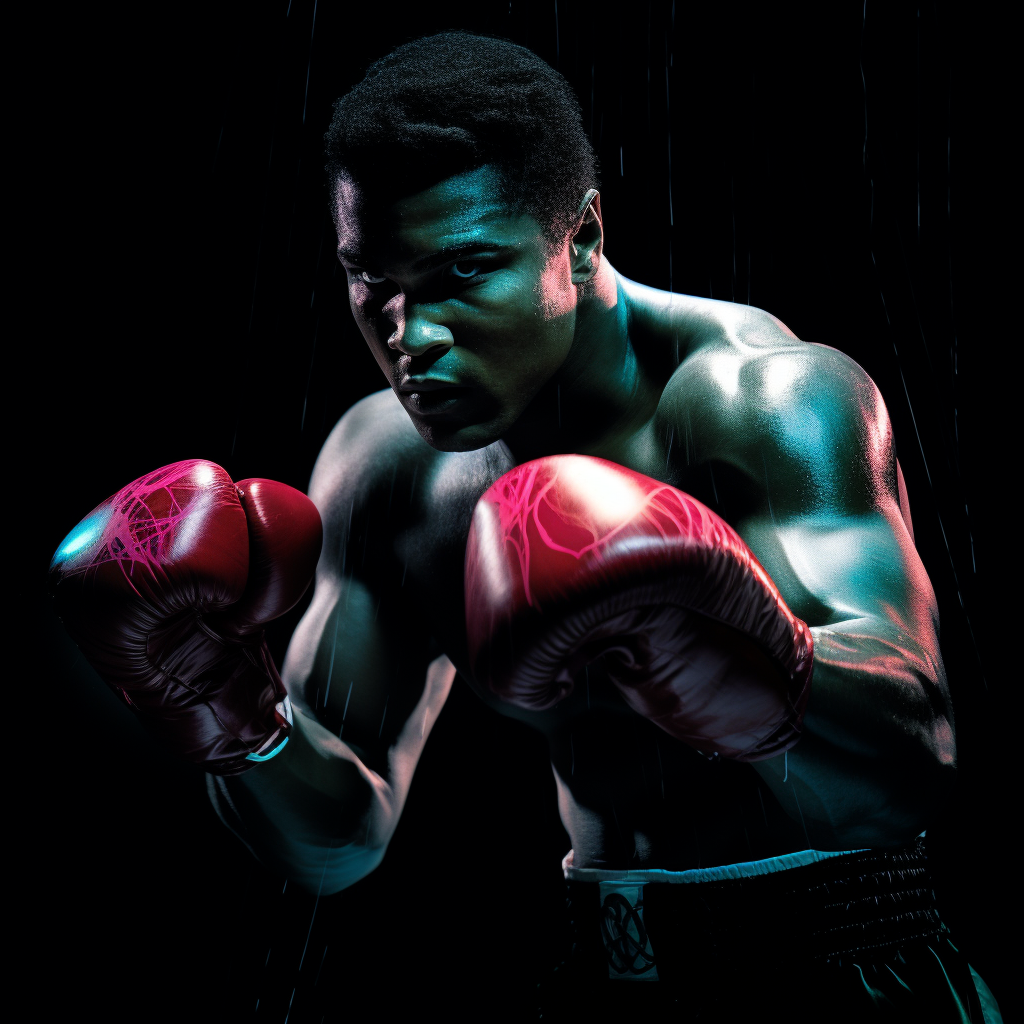 Muhammad Ali: Intense Boxing Stance - Neon Black & White Art