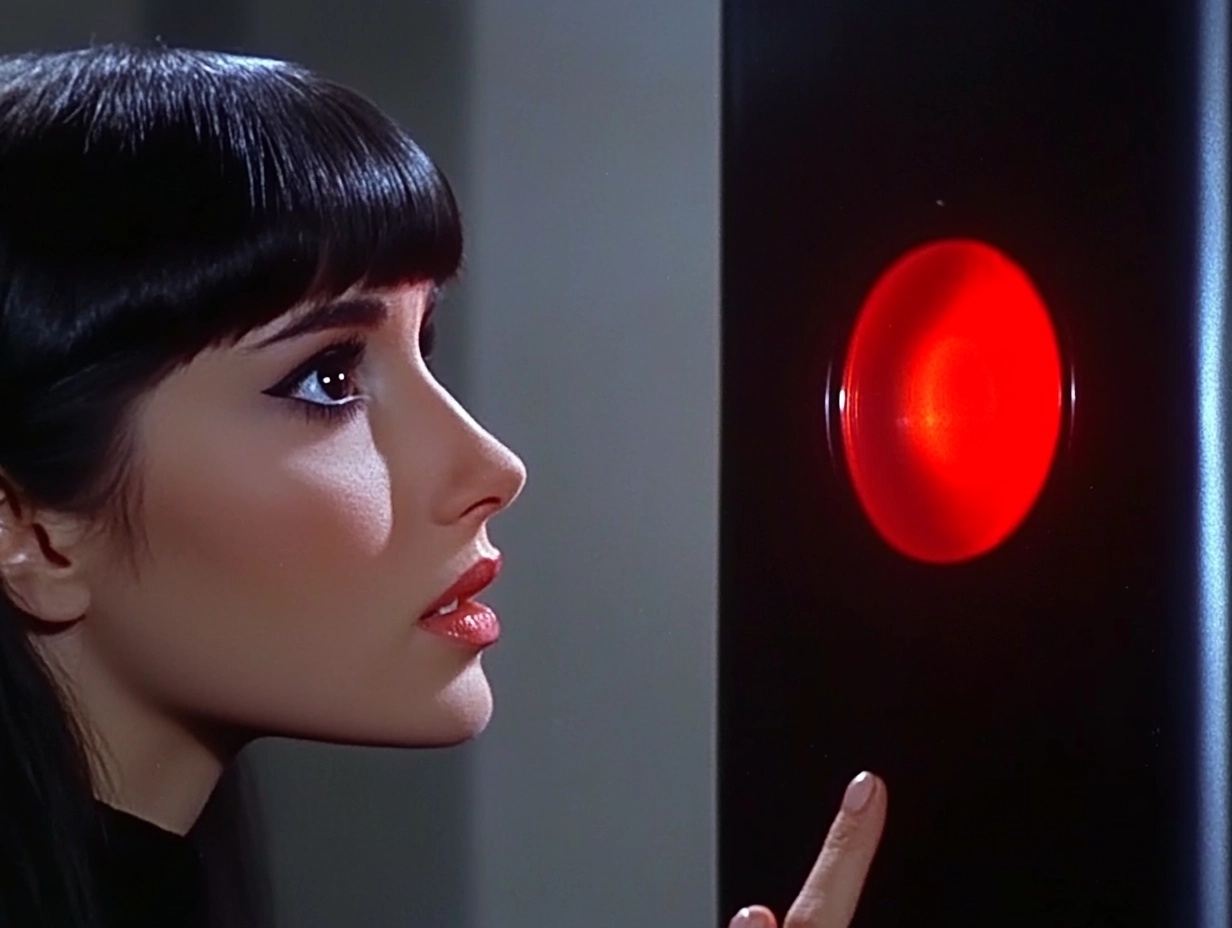 Vintage Sci-Fi Scene: Elf Woman Meets HAL AI