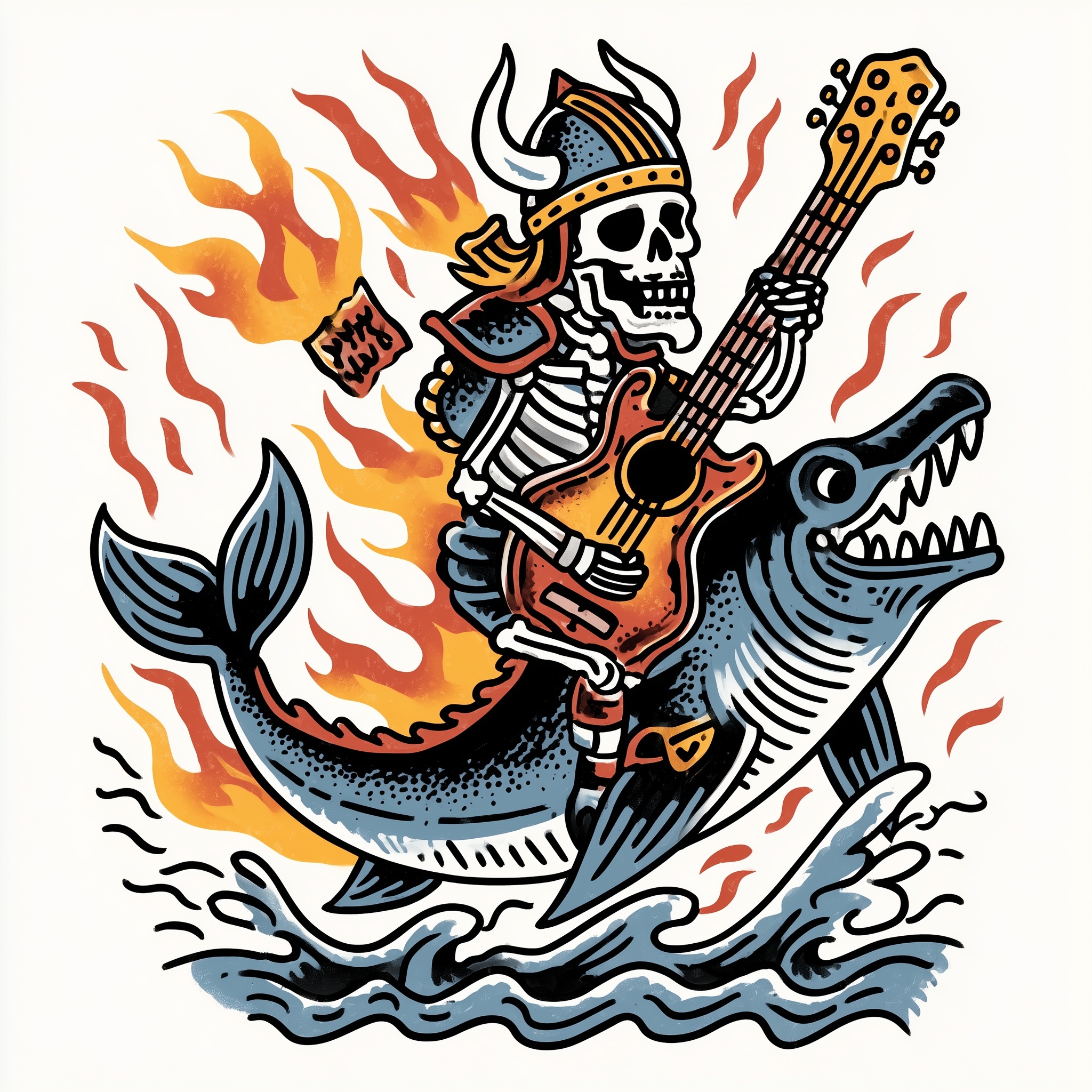 Epic Skeleton Viking Rocking Out on a Fiery Dolphin