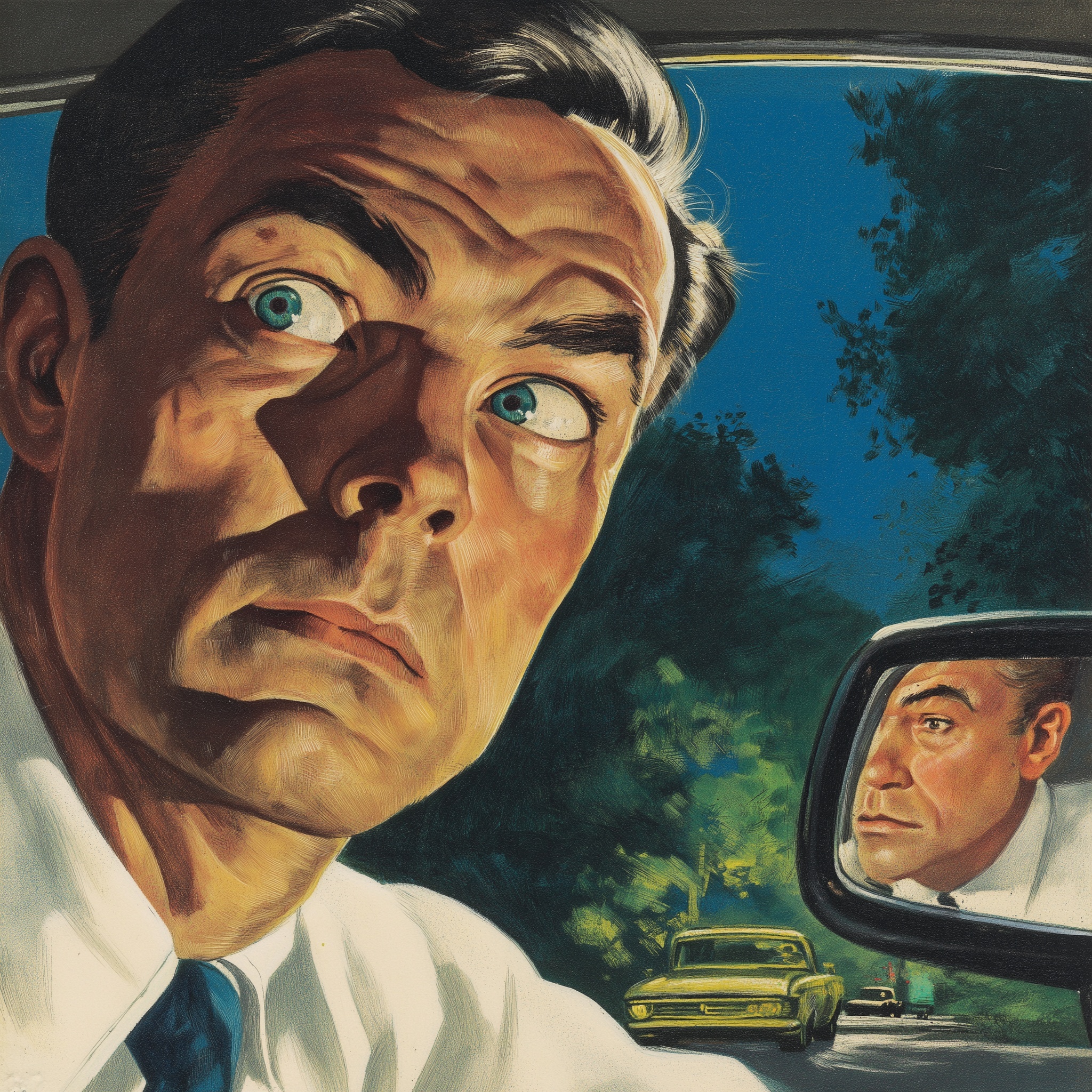 Vintage Comic Art: Tense Eyes in Rearview Mirror