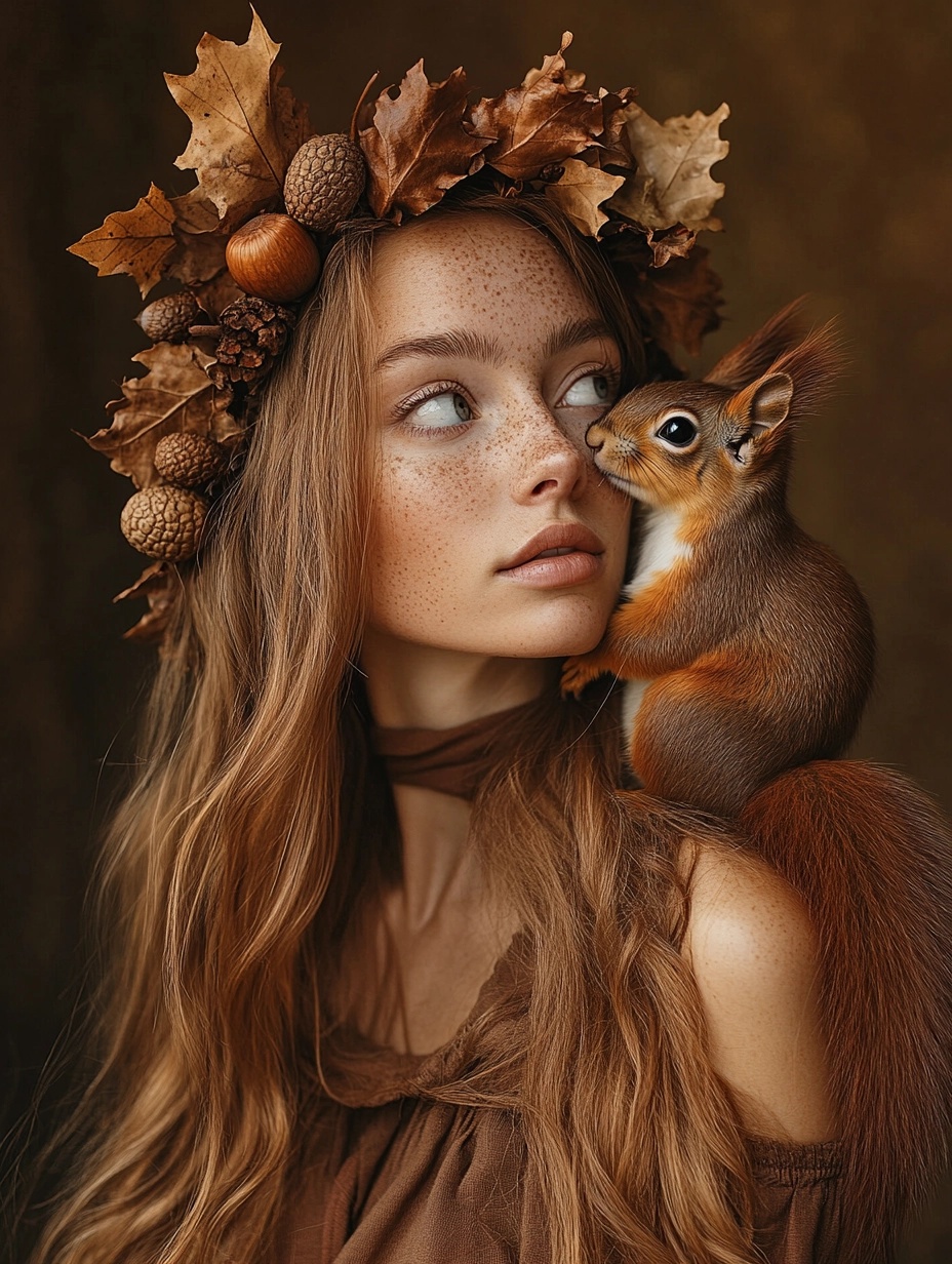 Nature's Beauty: Woman with Squirrel and Wreath