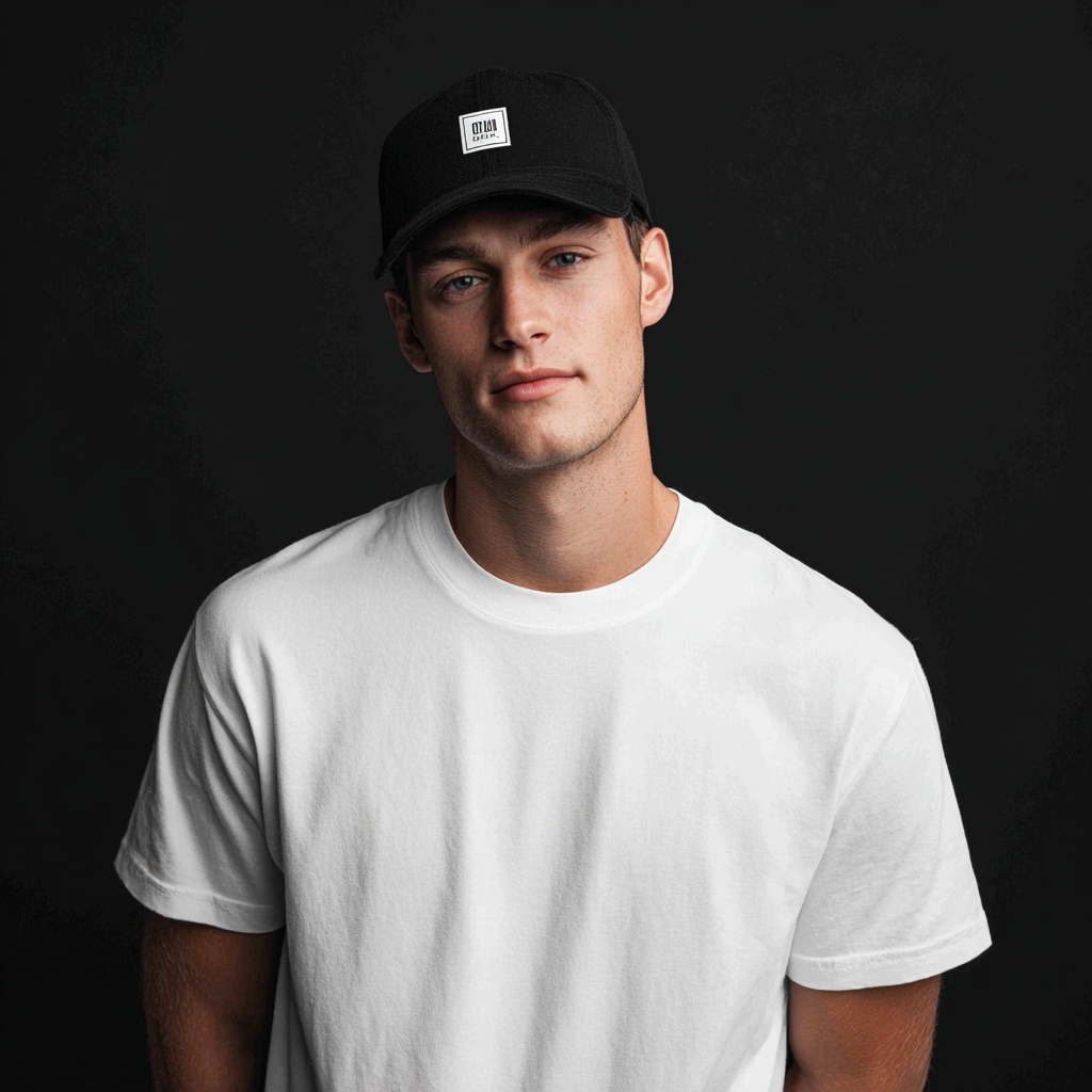Stylish White T-Shirt with Caps on Black Background