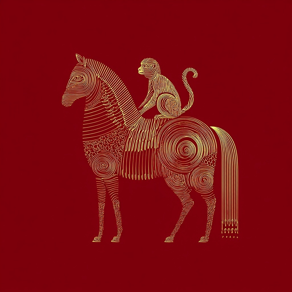 Elegant Golden Horse with Monkey Against Red
