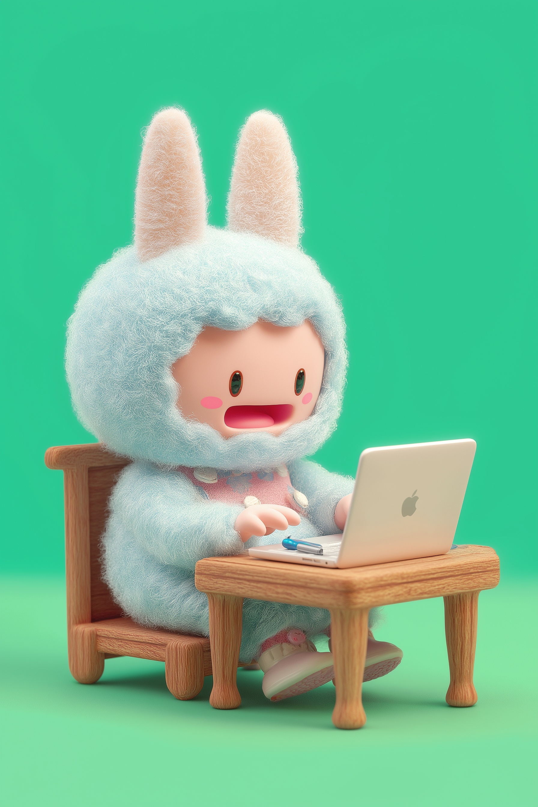 Fluffy Cartoon Creature in Rabbit Costume Typing