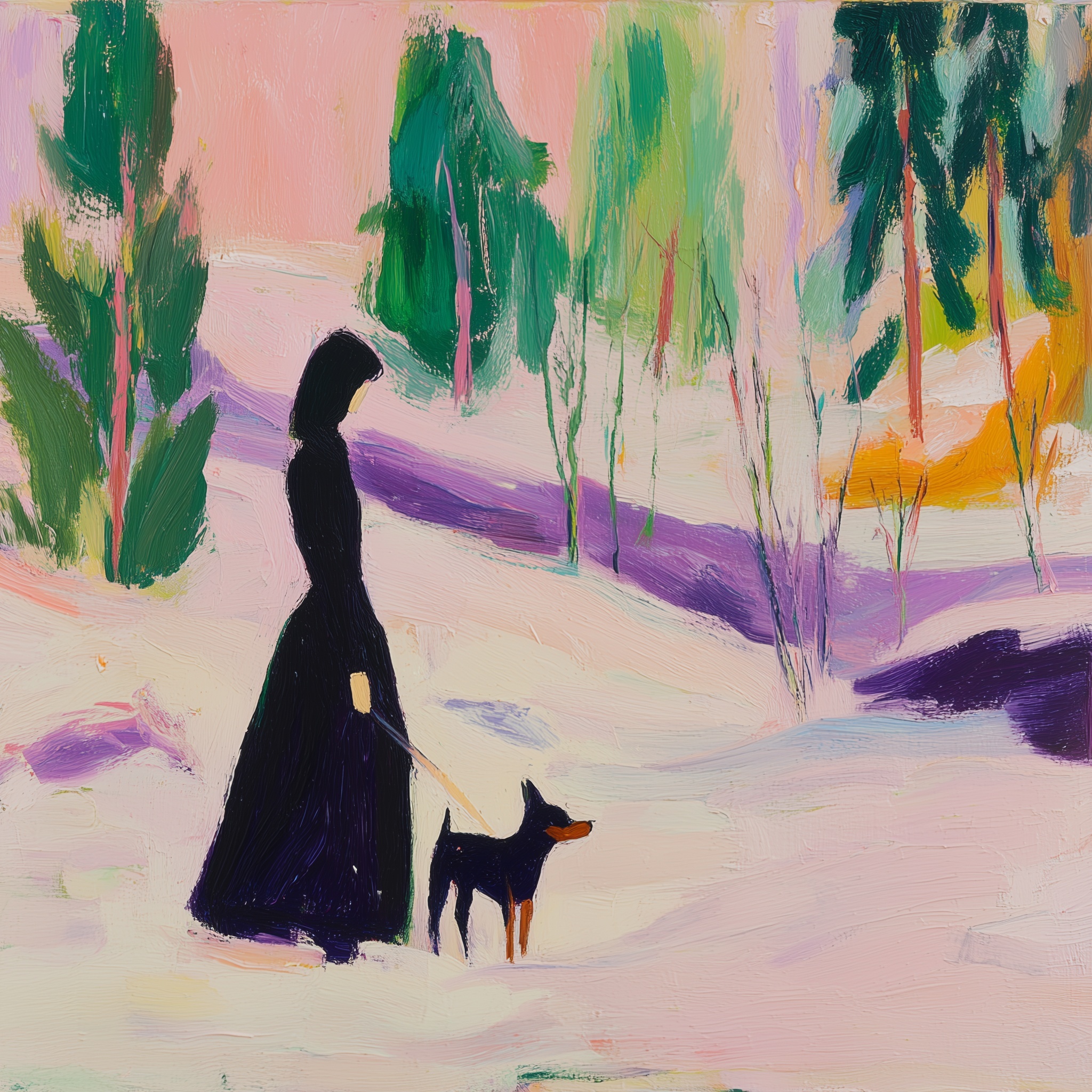 Elegant Winter Walk: Lady & Dog in Snowy Forest