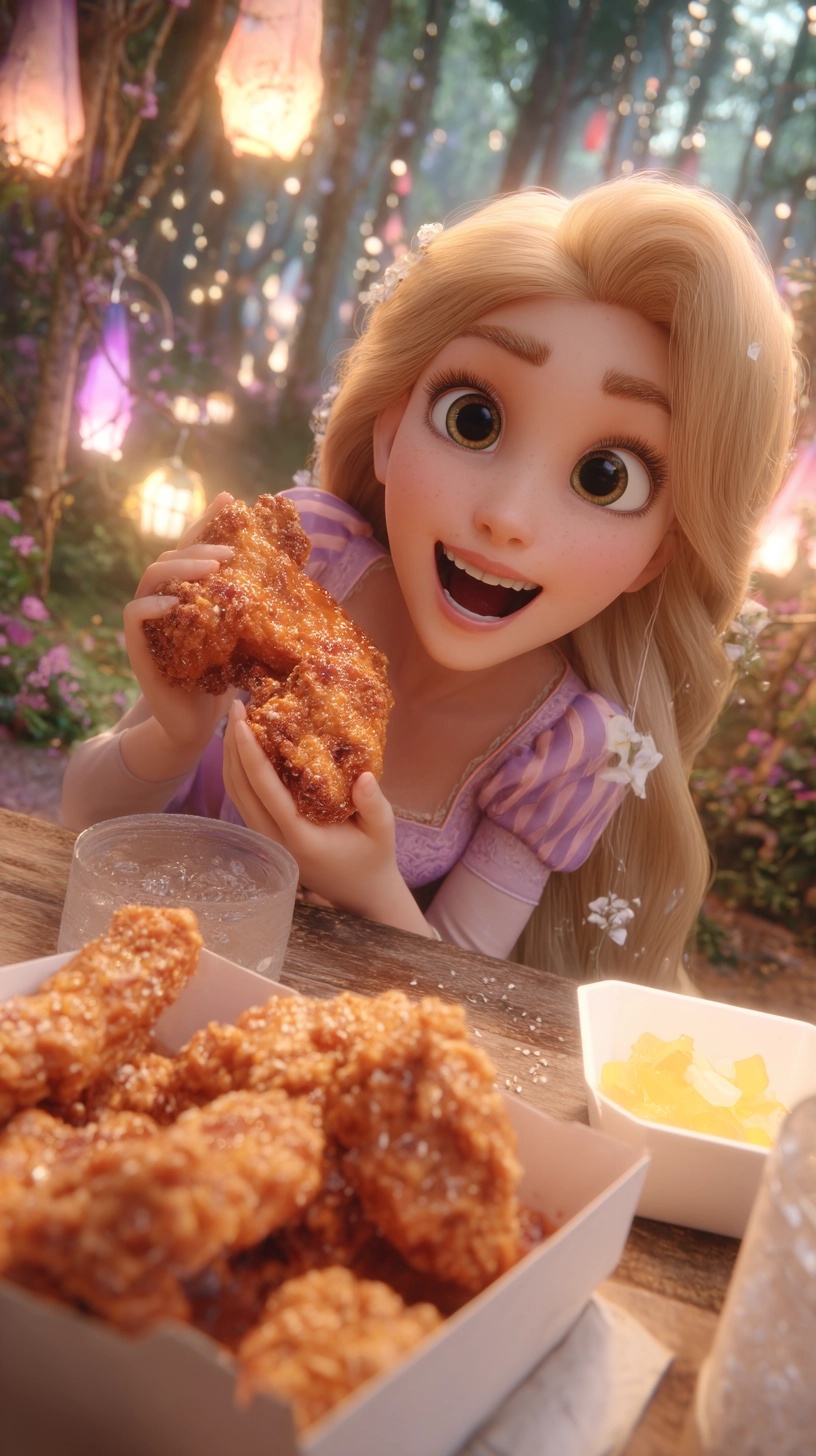 Mukbang Delight: Rapunzel Enjoys Crispy Chicken!
