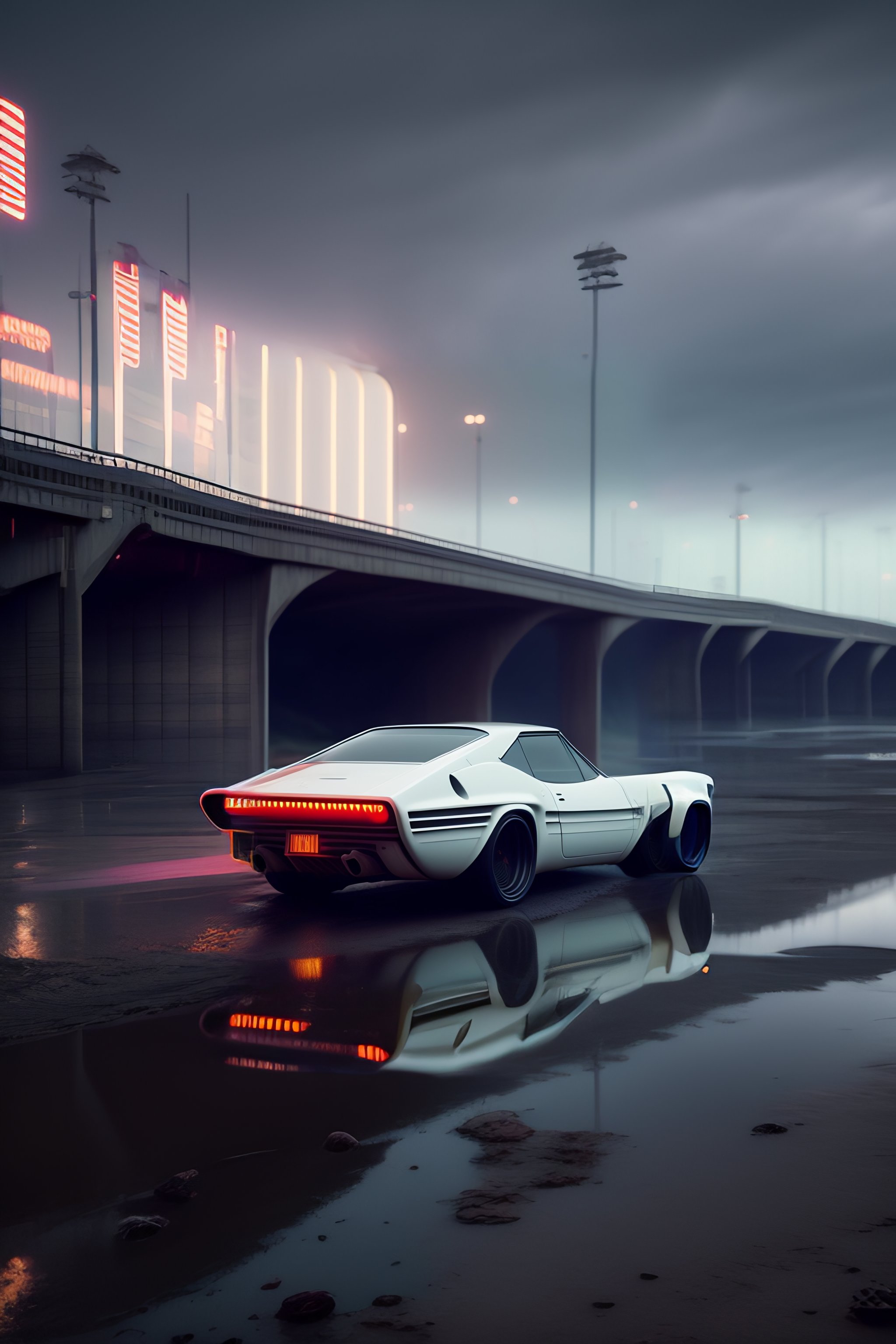 Hyper-realistic Simon Stålenhag art featuring white car in Blade Runner-esque setting