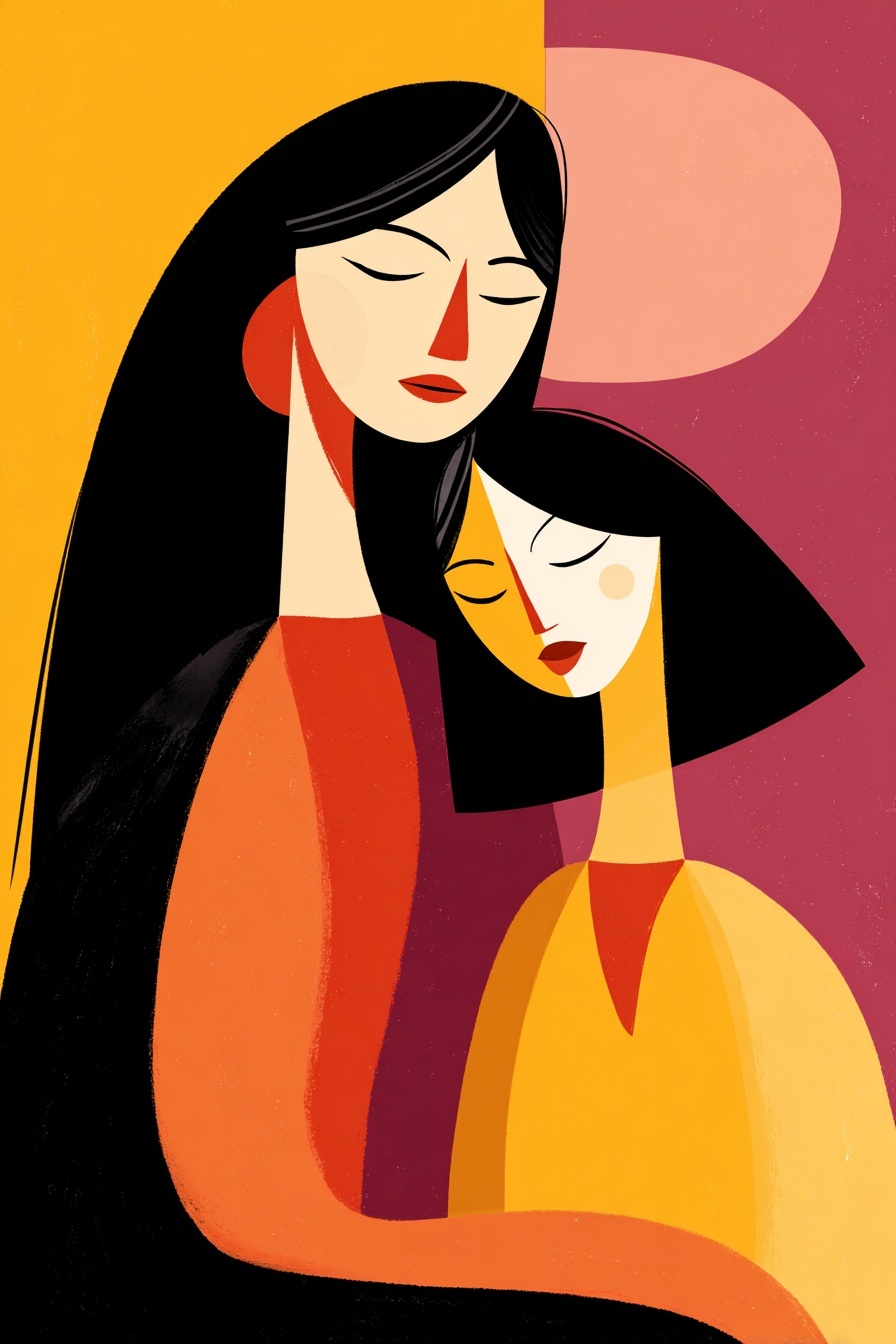 Vibrant Abstract Art: Women Embracing Together