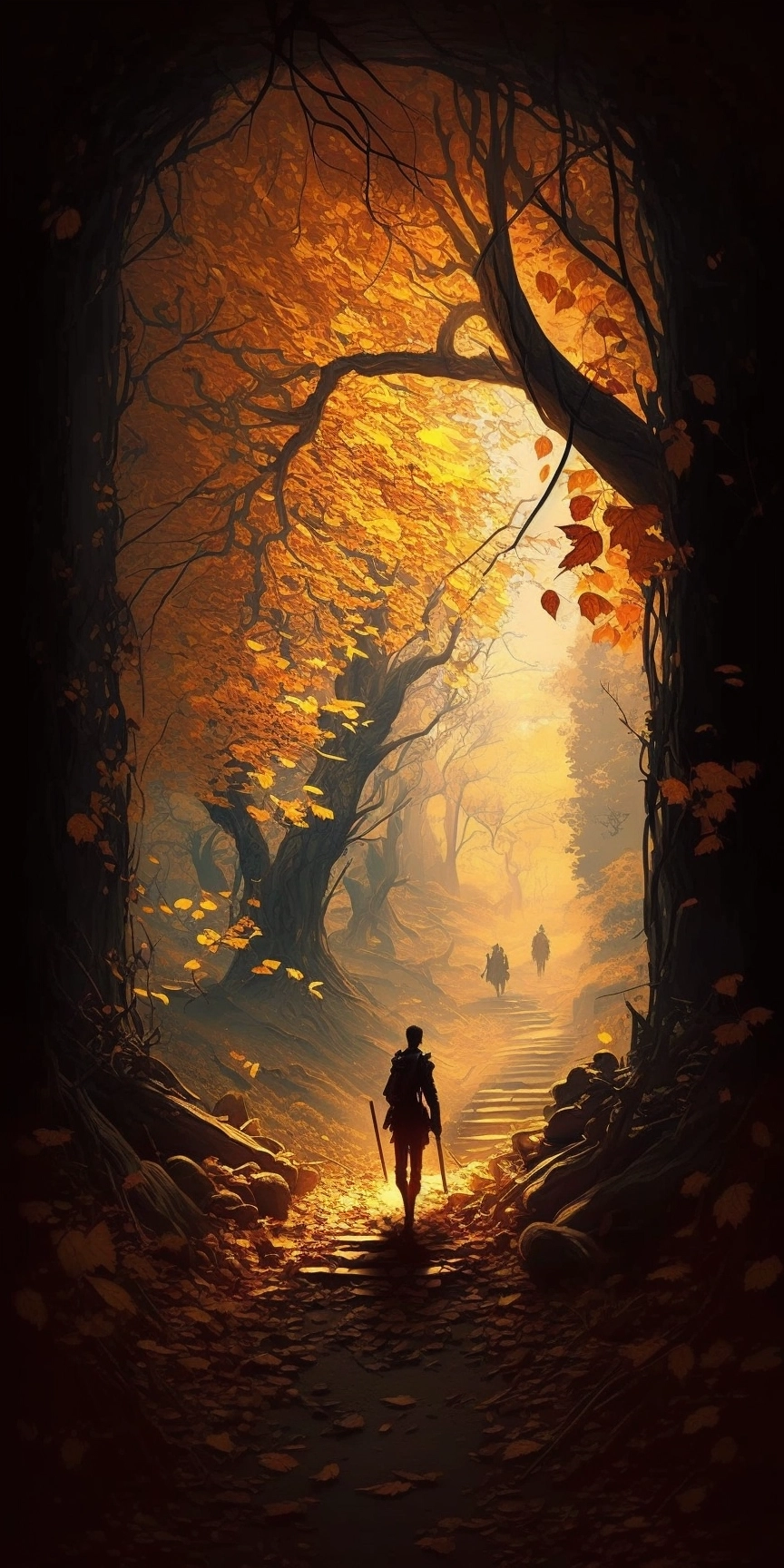 Magical Autumn Forest Scenery with Glowing Sun