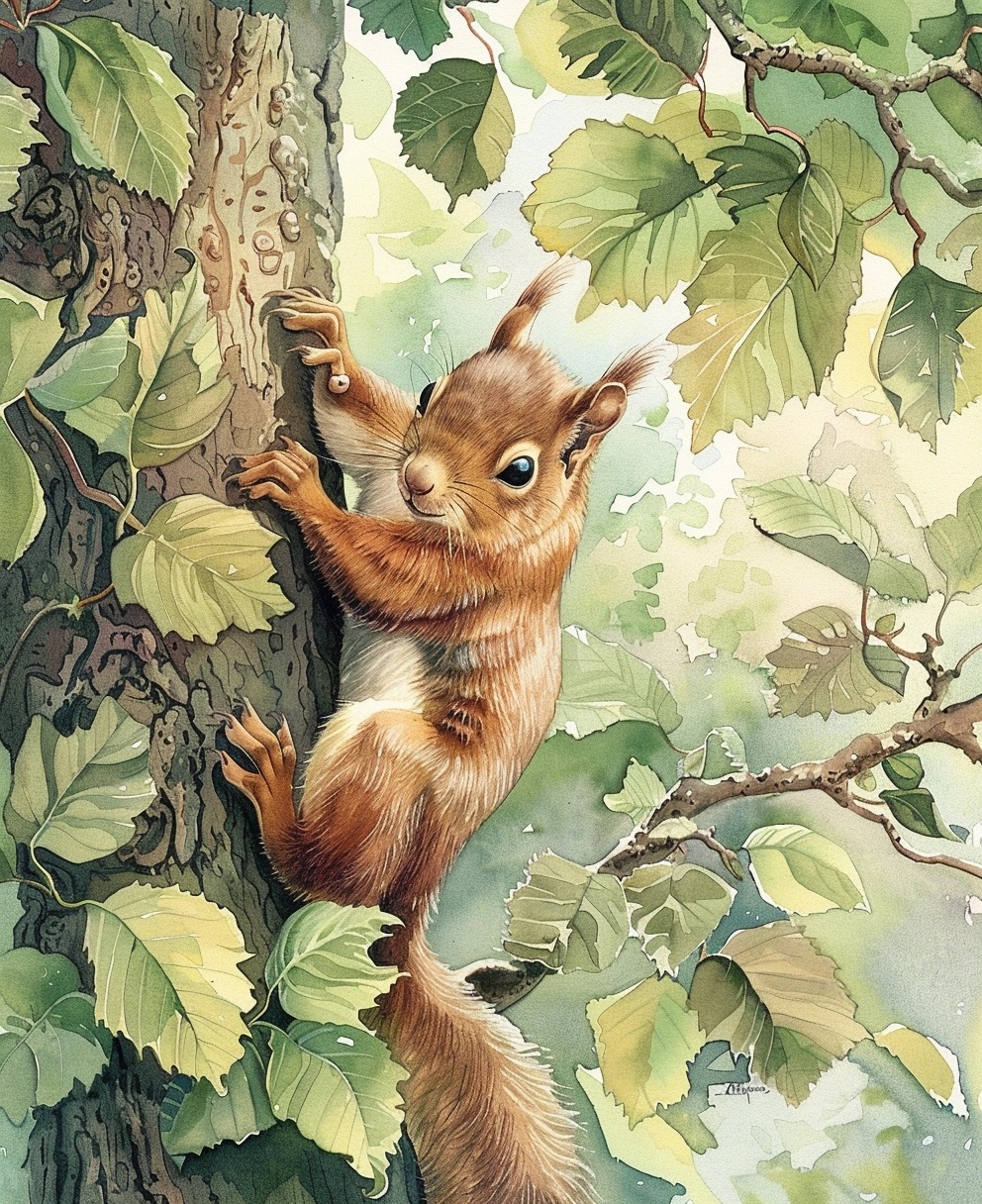 Agile Squirrel in Cozy Watercolor Wonderland