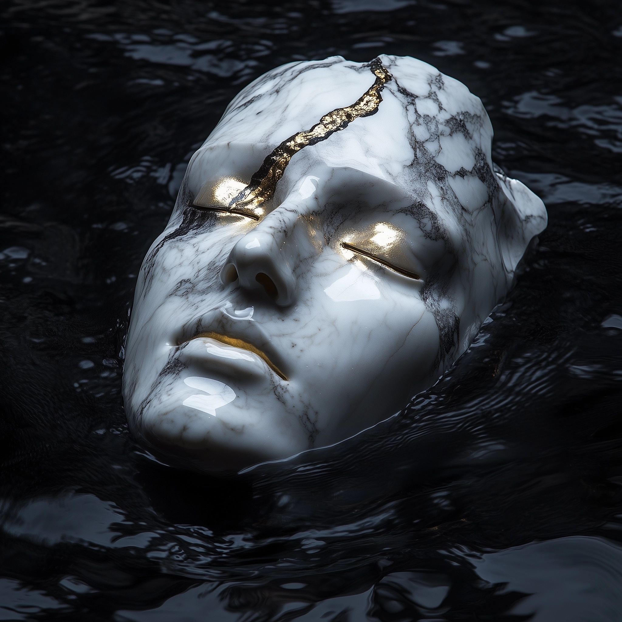 Elegant Marble Face with Gold Accents in Dark Water