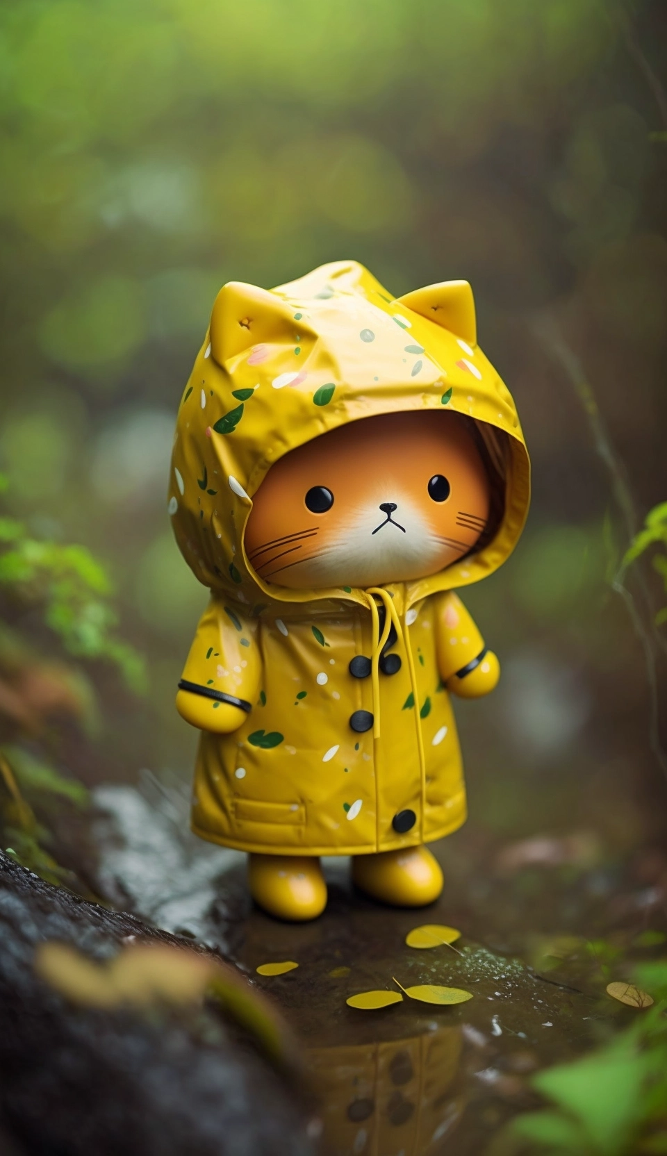 Lost Kawaii Raincoat Kitty in Tilt-Shift Forest