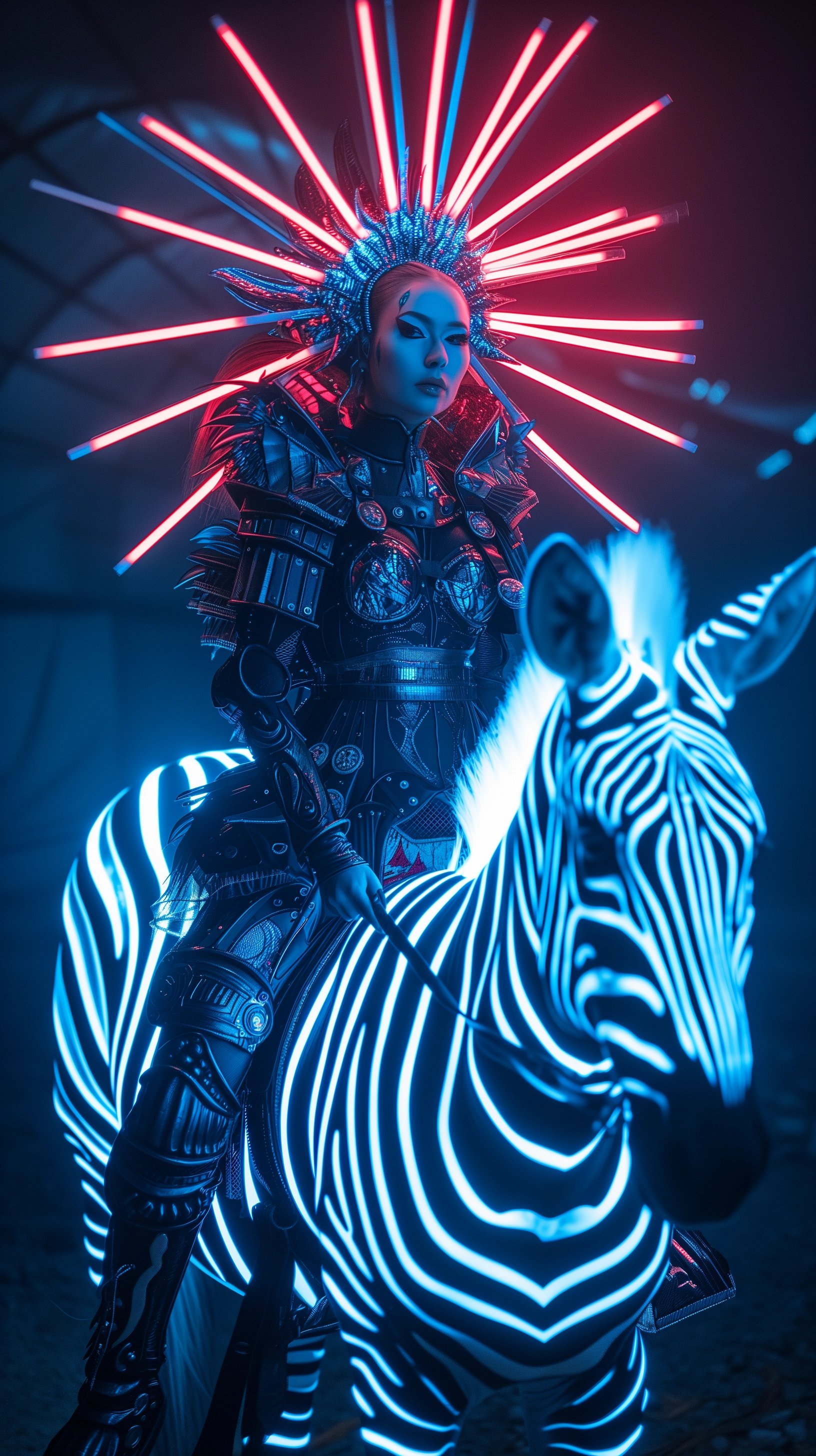 Futuristic Fashion: Goddess on Armored Zebra, Neon Halo, Biomech Translucent Plastic & Matte Latex