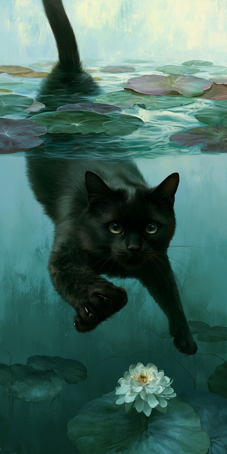 Monet-Inspired Black Cat Swimming with Lotus Leaves