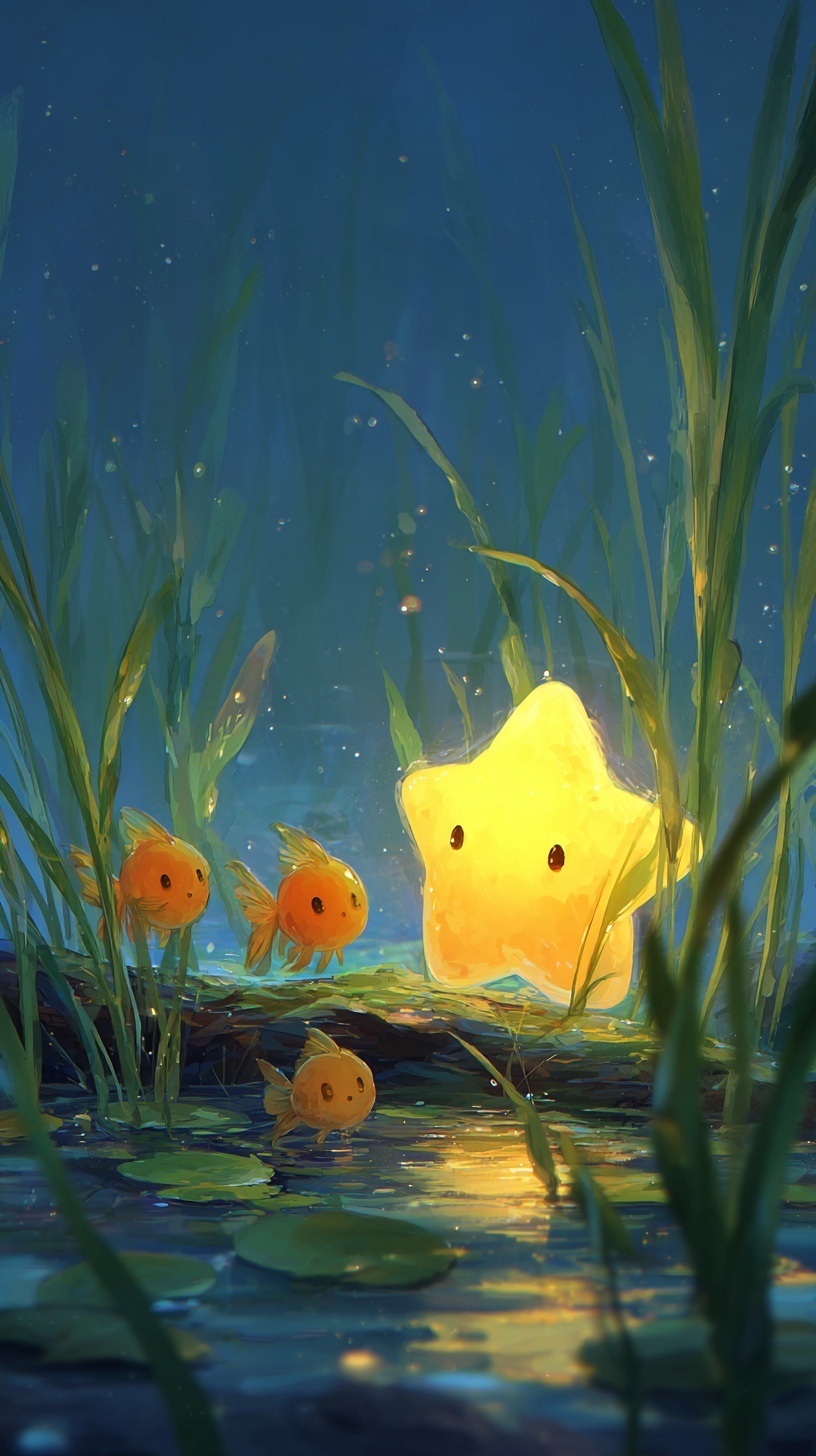 Whimsical Water Scene: Stars & Cute Fish Play