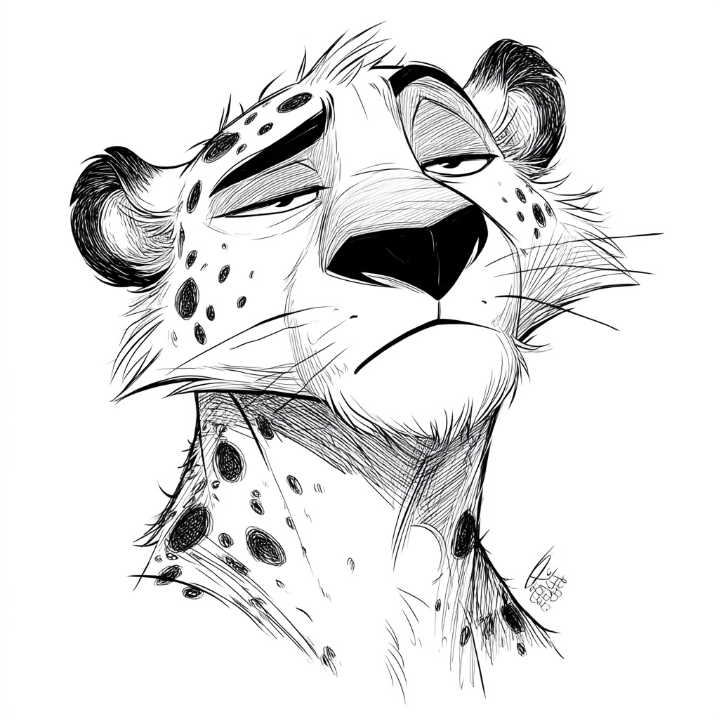 Sleepy Leopard Portrait: Black & White Line Art