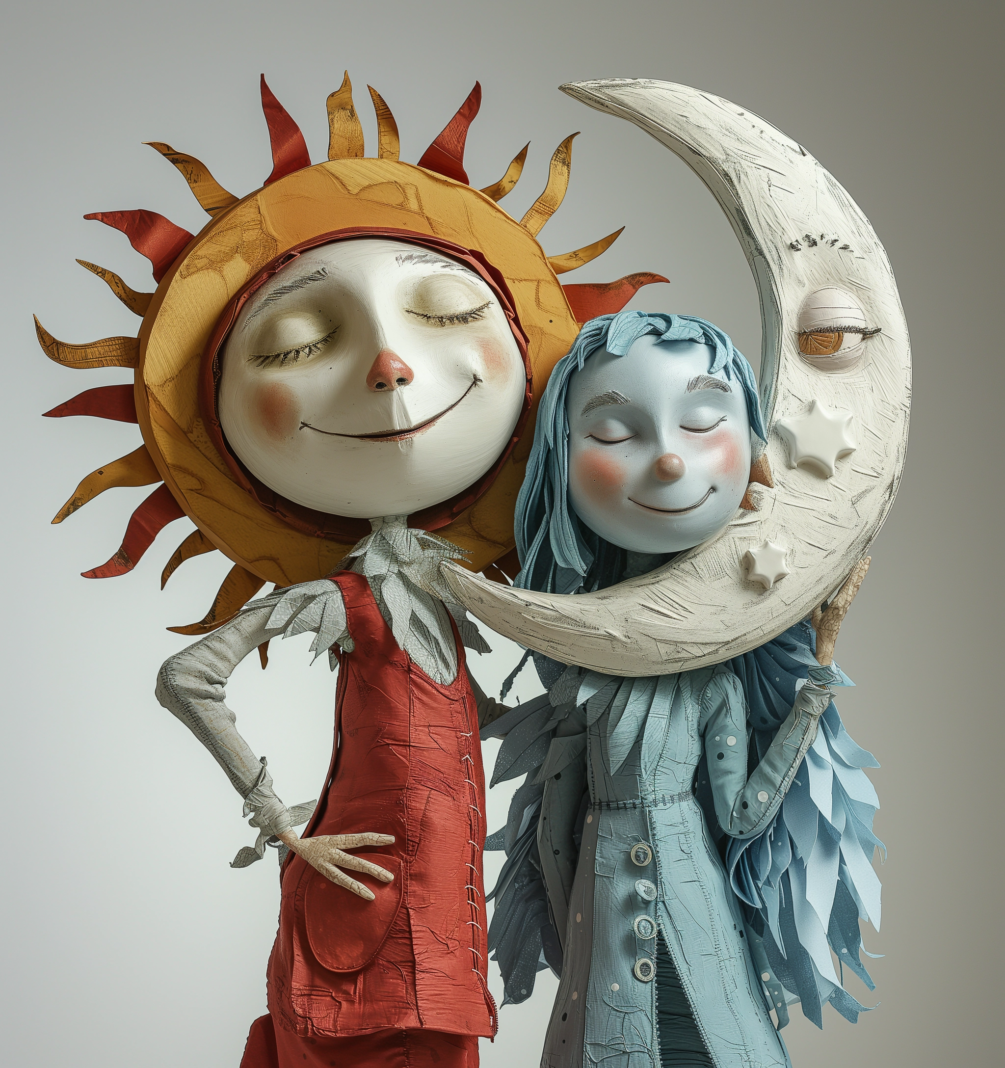 Whimsical Soft Sculptures: Sun & Moon Characters in Light Crimson & Blue