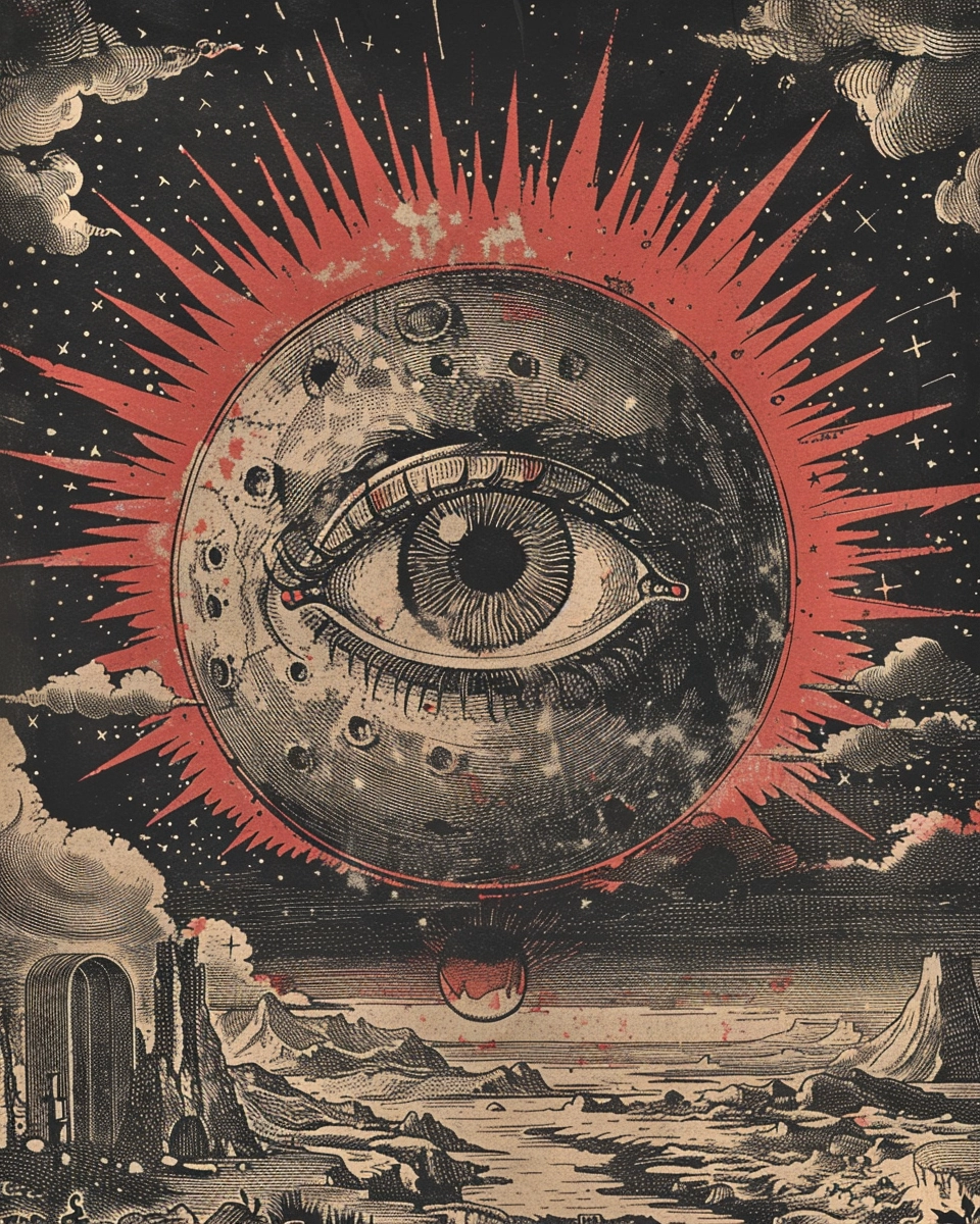 Scientific Cyclops Eye on Moon: Victorian Etching in Shepard Fairey Style