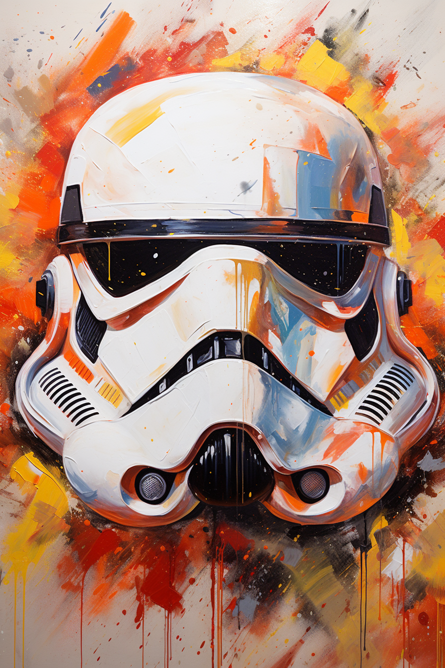 Colorful Stormtrooper Helmet Oil Painting: Red, Orange, Yellow