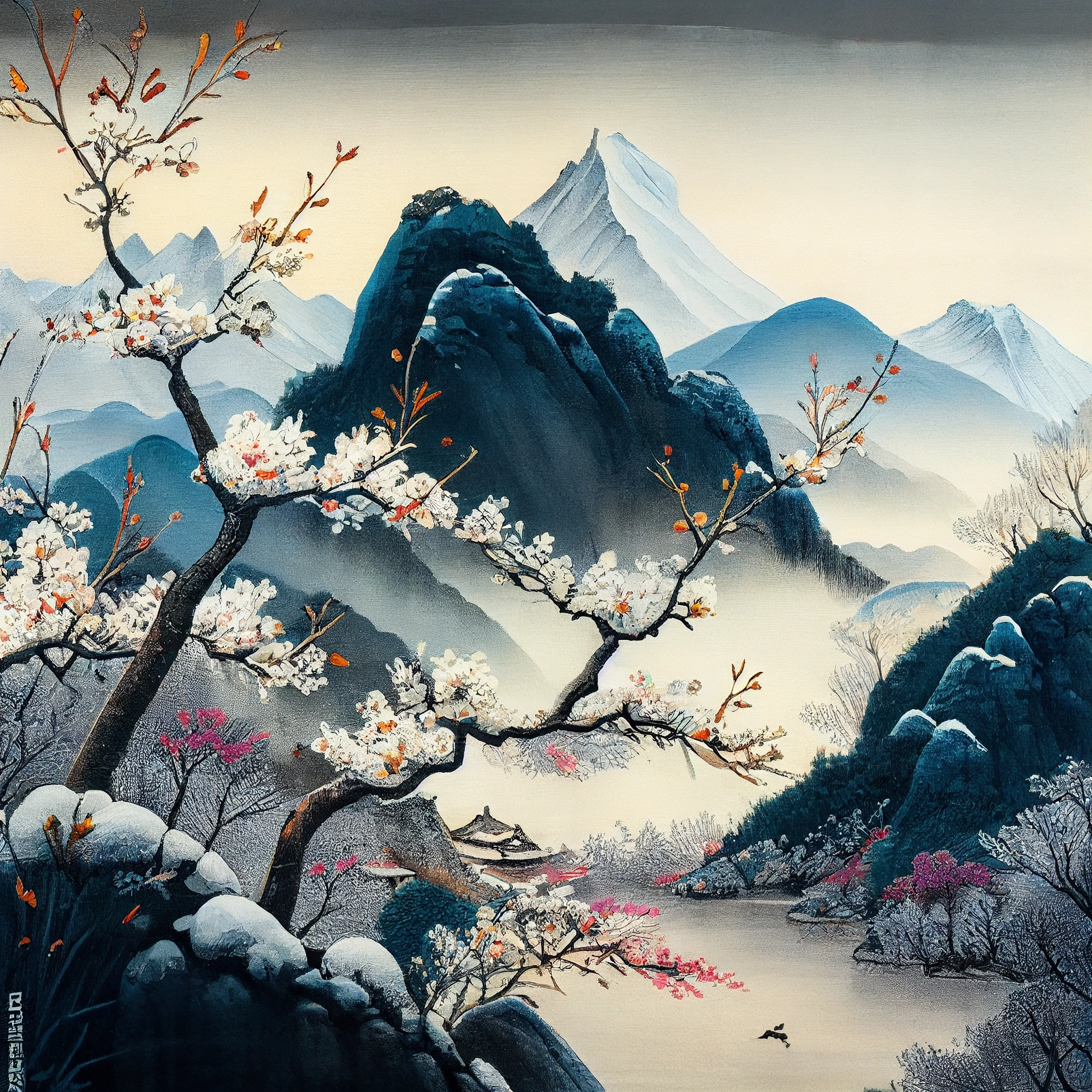 8K Mountain Painting: Snowy Day & Plum Blossoms