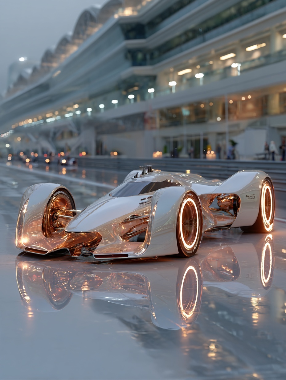 Futuristic Titanium Vehicle on Sleek White Track
