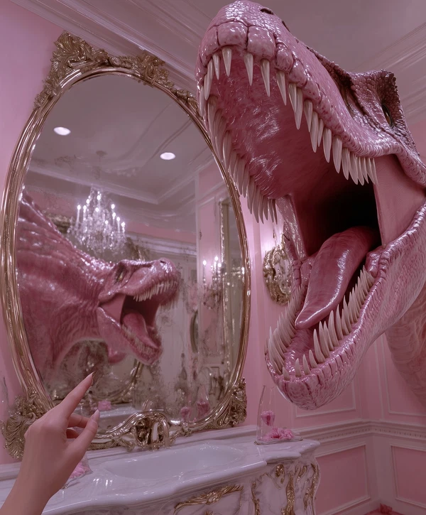 Surreal T-Rex Encounter in a Dreamy Mansion