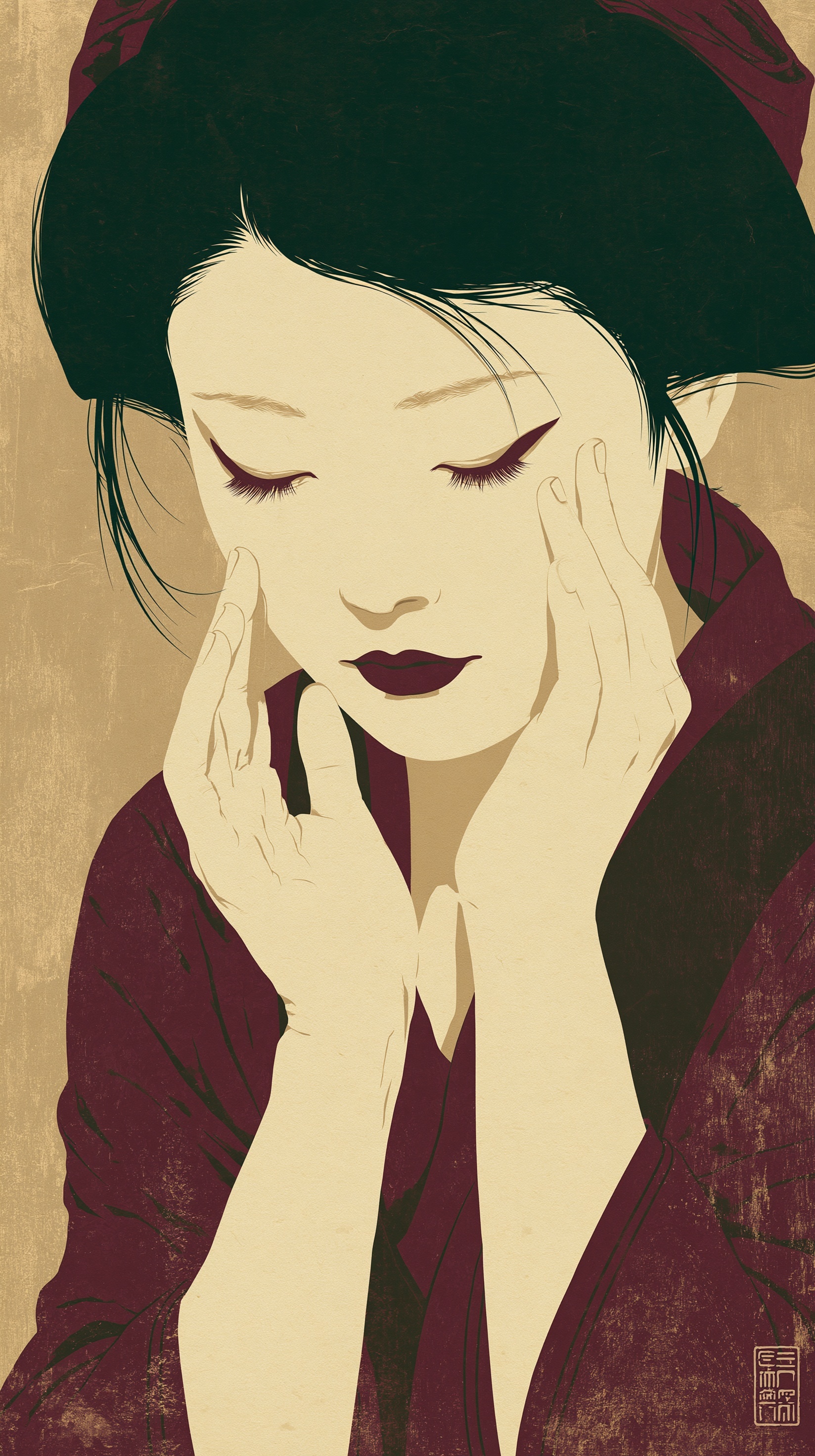 Elegant Ukiyo-e Art: Facial Serenity in Burgundy & Gold
