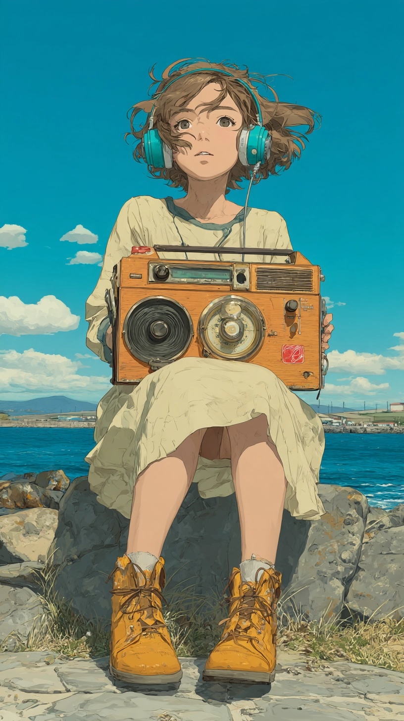 Anime Girl by the Ocean with Vintage Radio