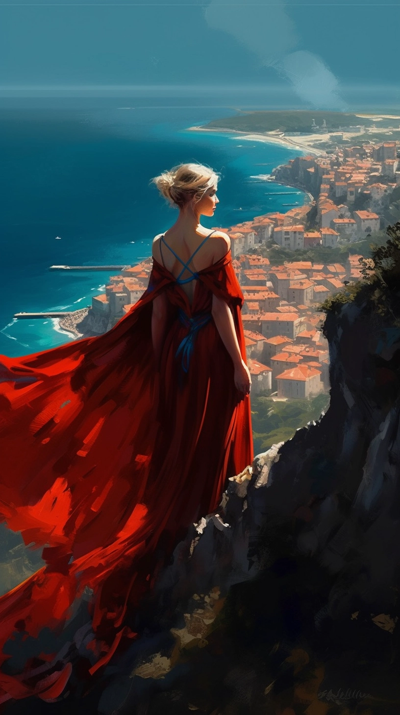 Romantic Woman on Cliff: Italian Villagecore Painting