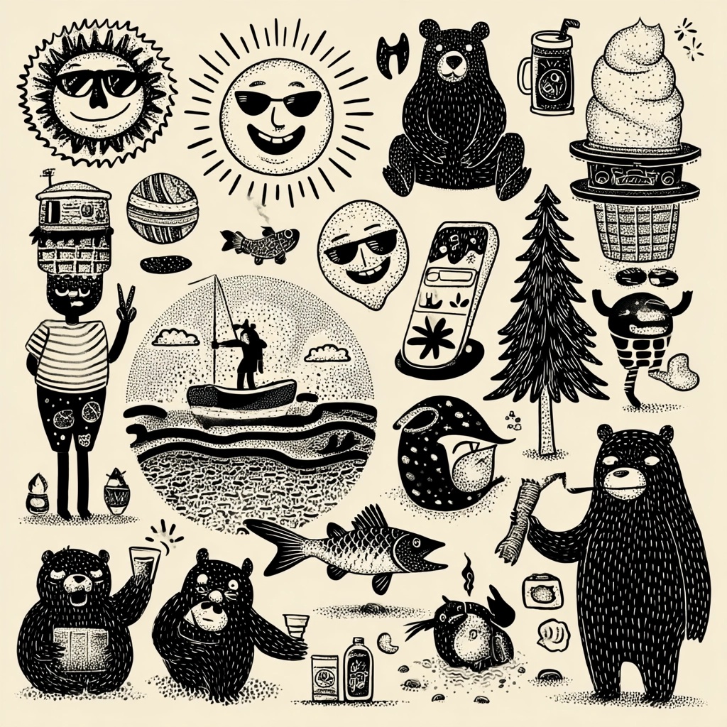Groovy Vintage Beach Elements in Black & White