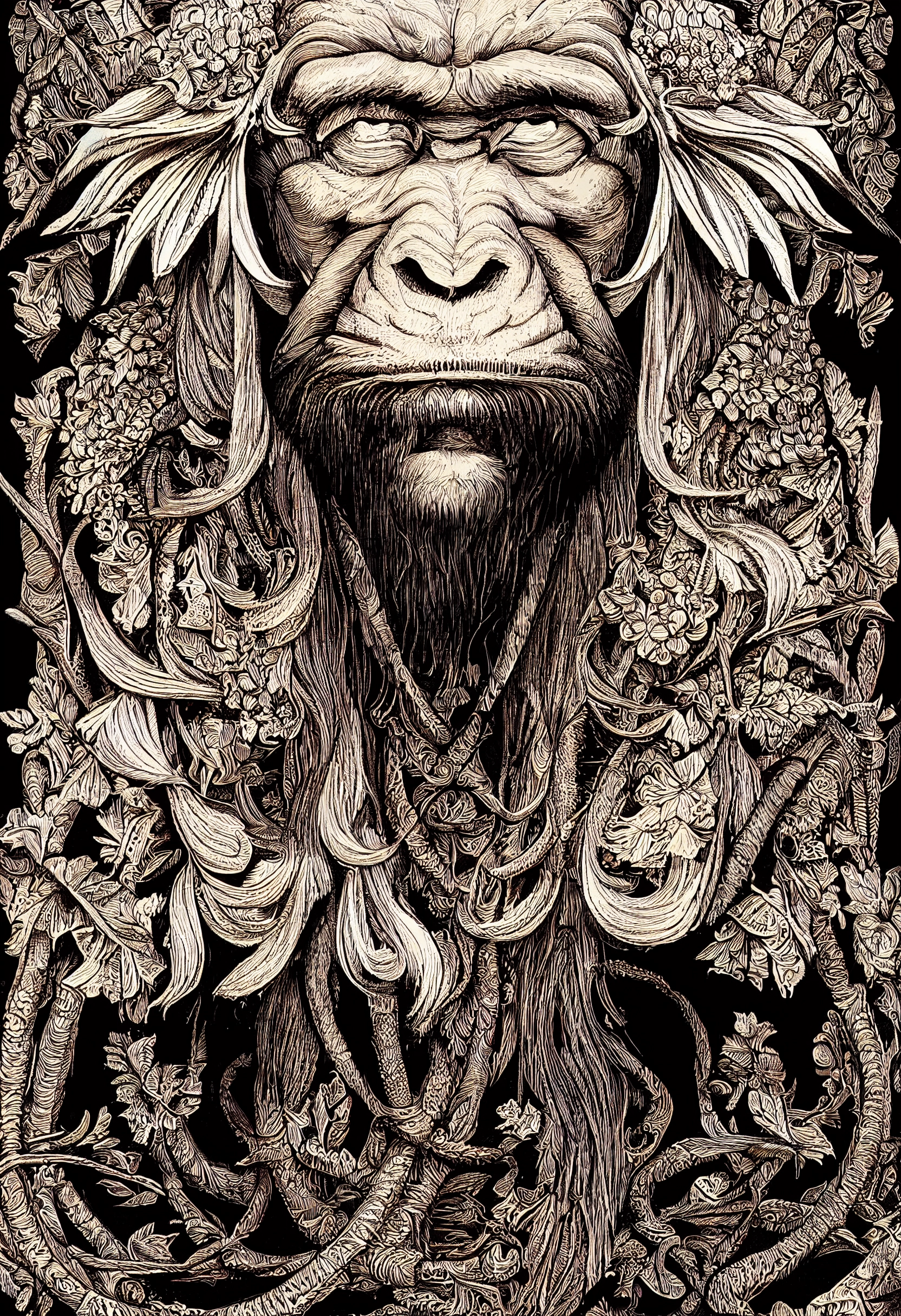 Intricate Ape Illustration in William Morris Style