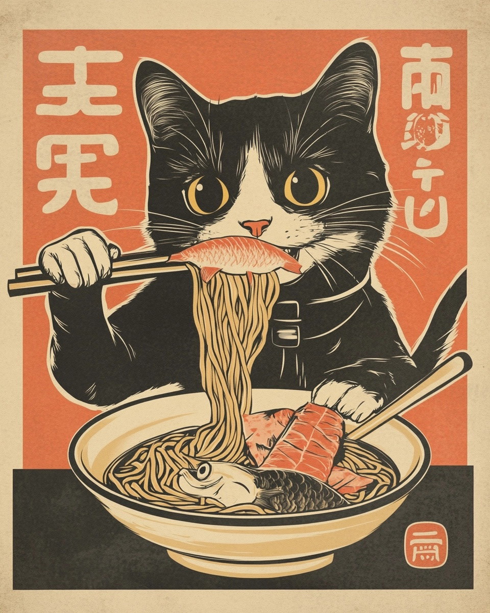 Retro Cat Enjoys Fish Ramen: Art by Adam Hughes