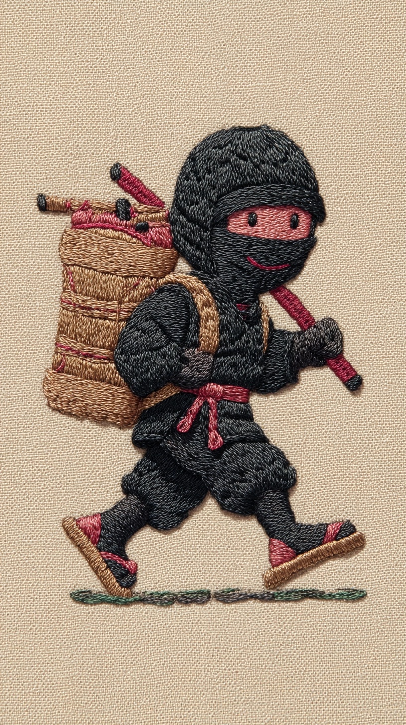 Playful Minimalist Ninja Embroidery Backpack Design