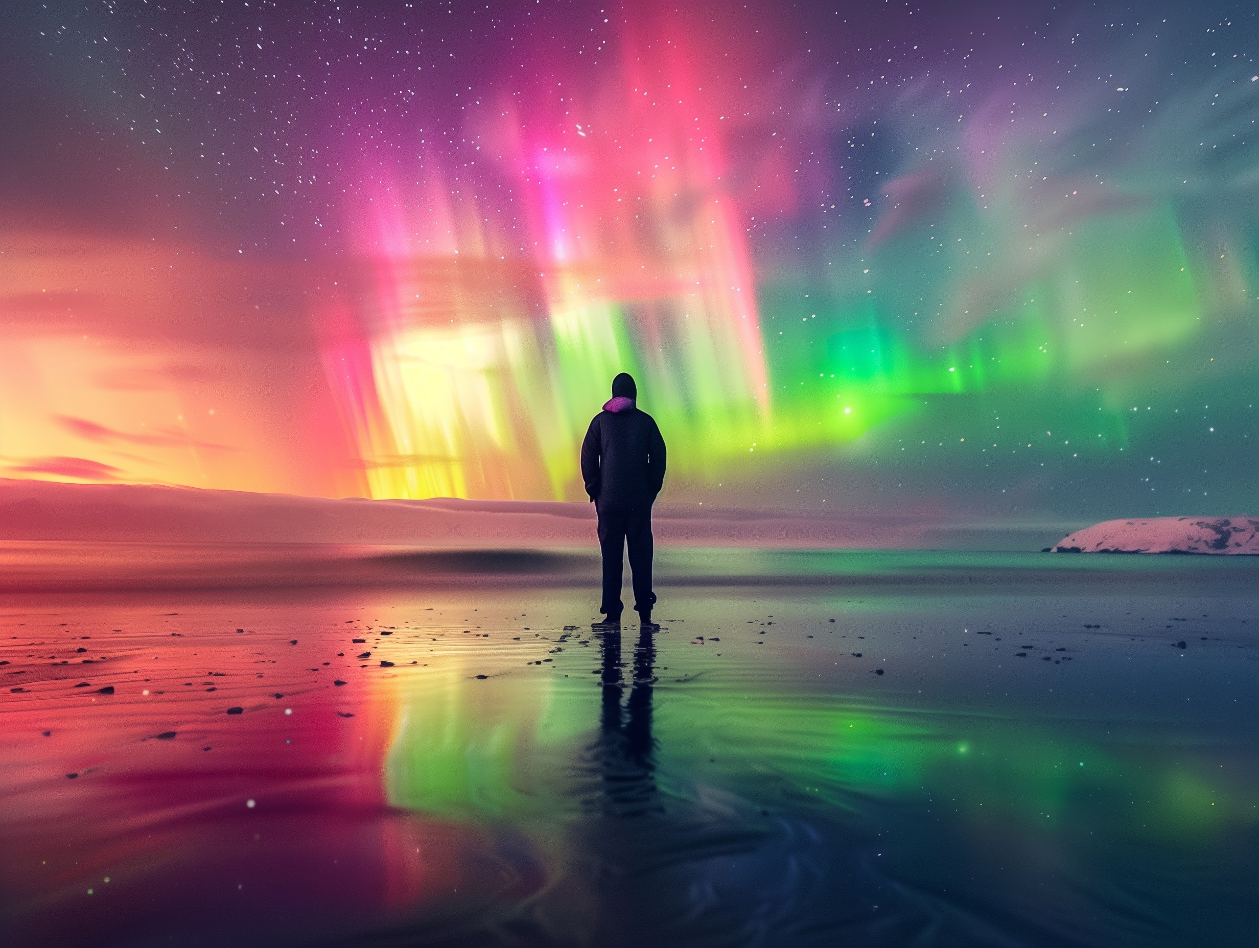 Colorful Aurora Borealis Beach Reflection Photography