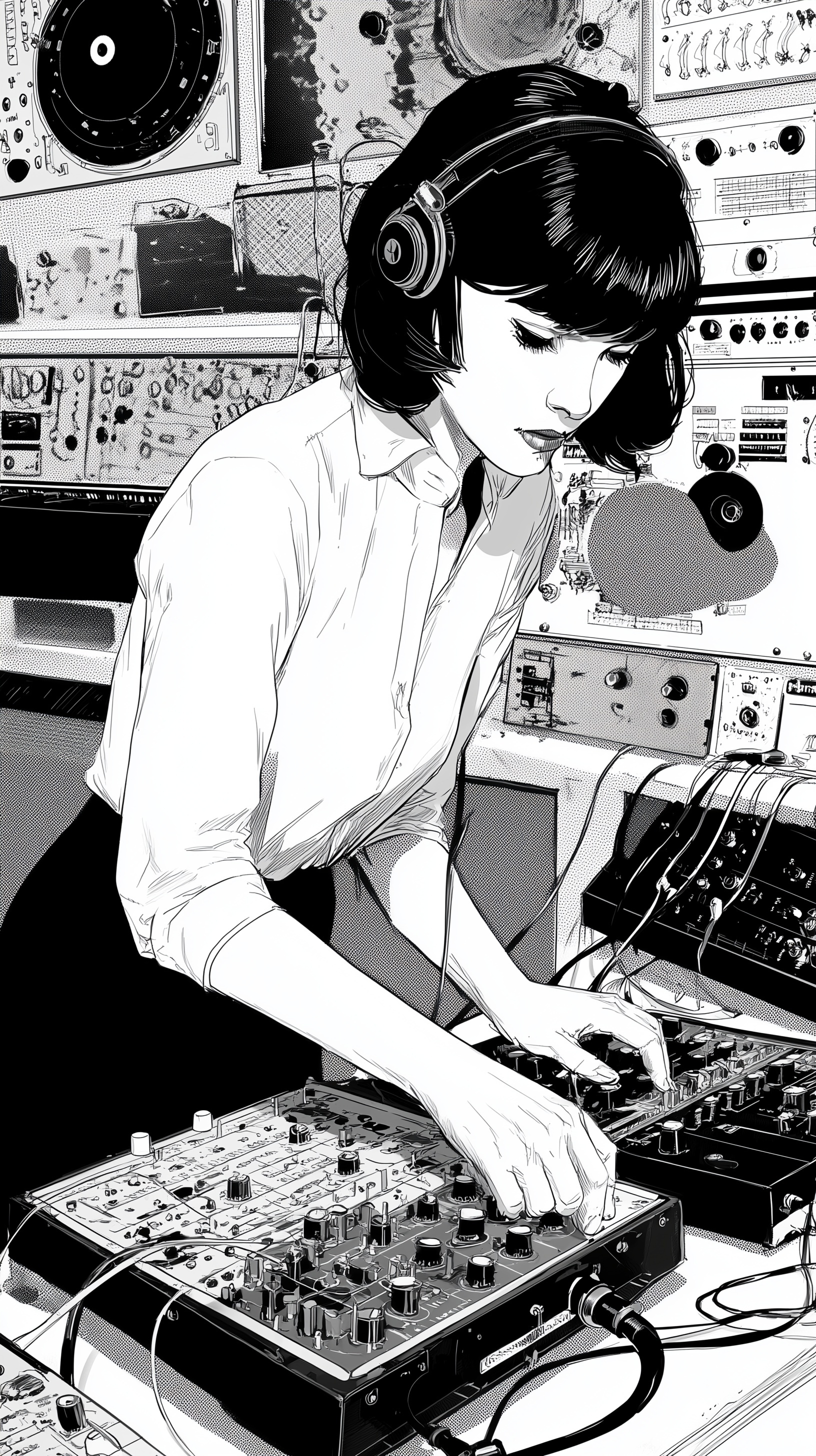 Black & White Art of a Female Electronic Musician