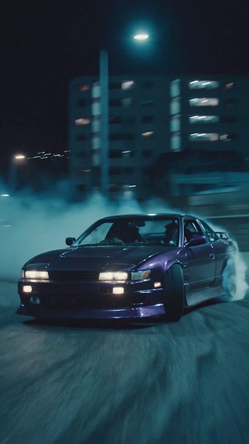 Night Drift: Purple Nissan S13 in High-Speed Action