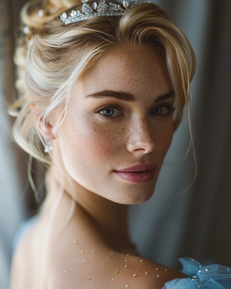 Elegant Blonde Woman in Blue Gown with Diamond Tiara