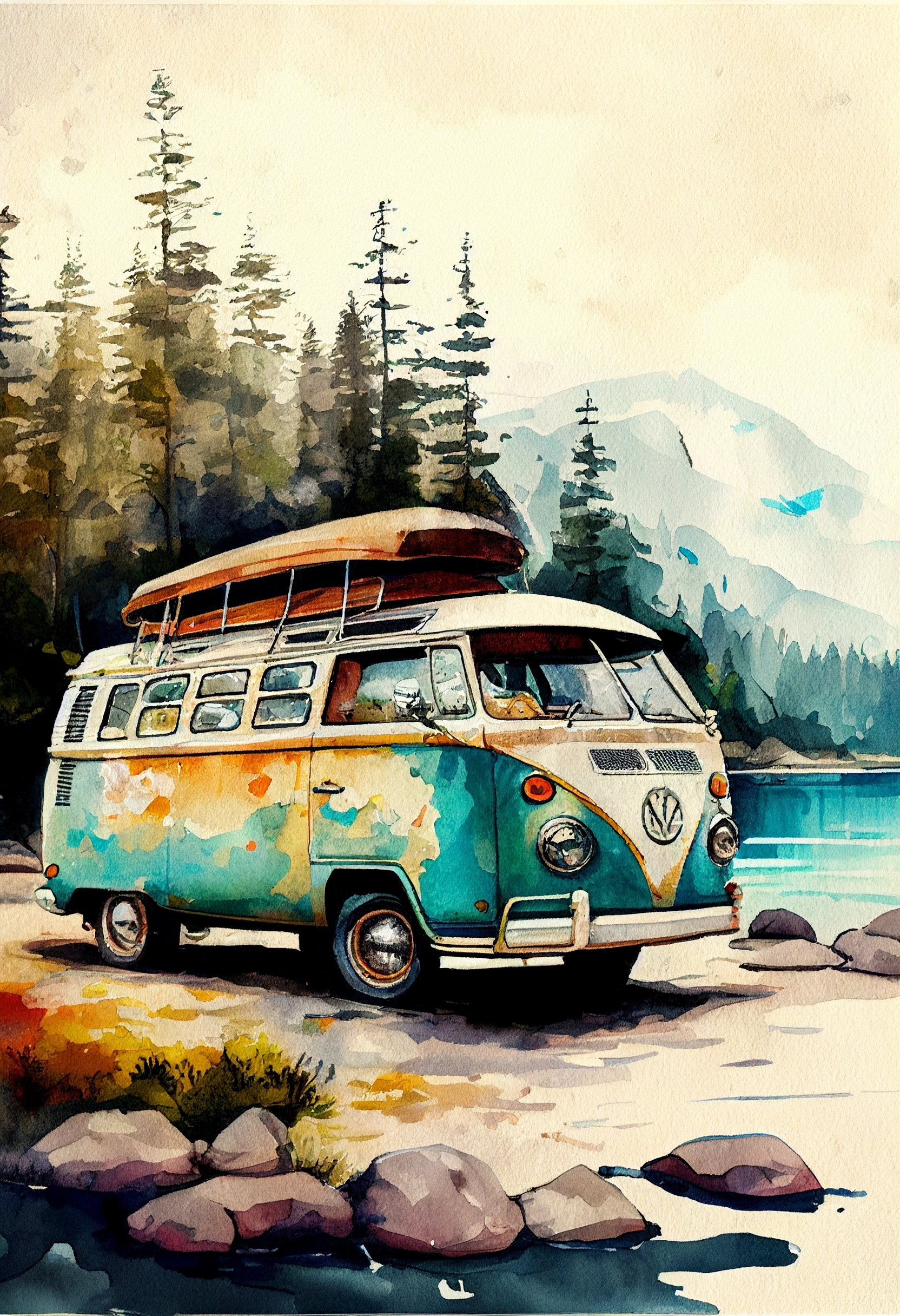 Vintage Camper Art: Watercolor Lake Scene