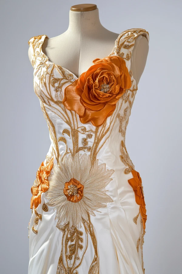 Elegant Ivory & Gold Evening Gown with Accent Orange