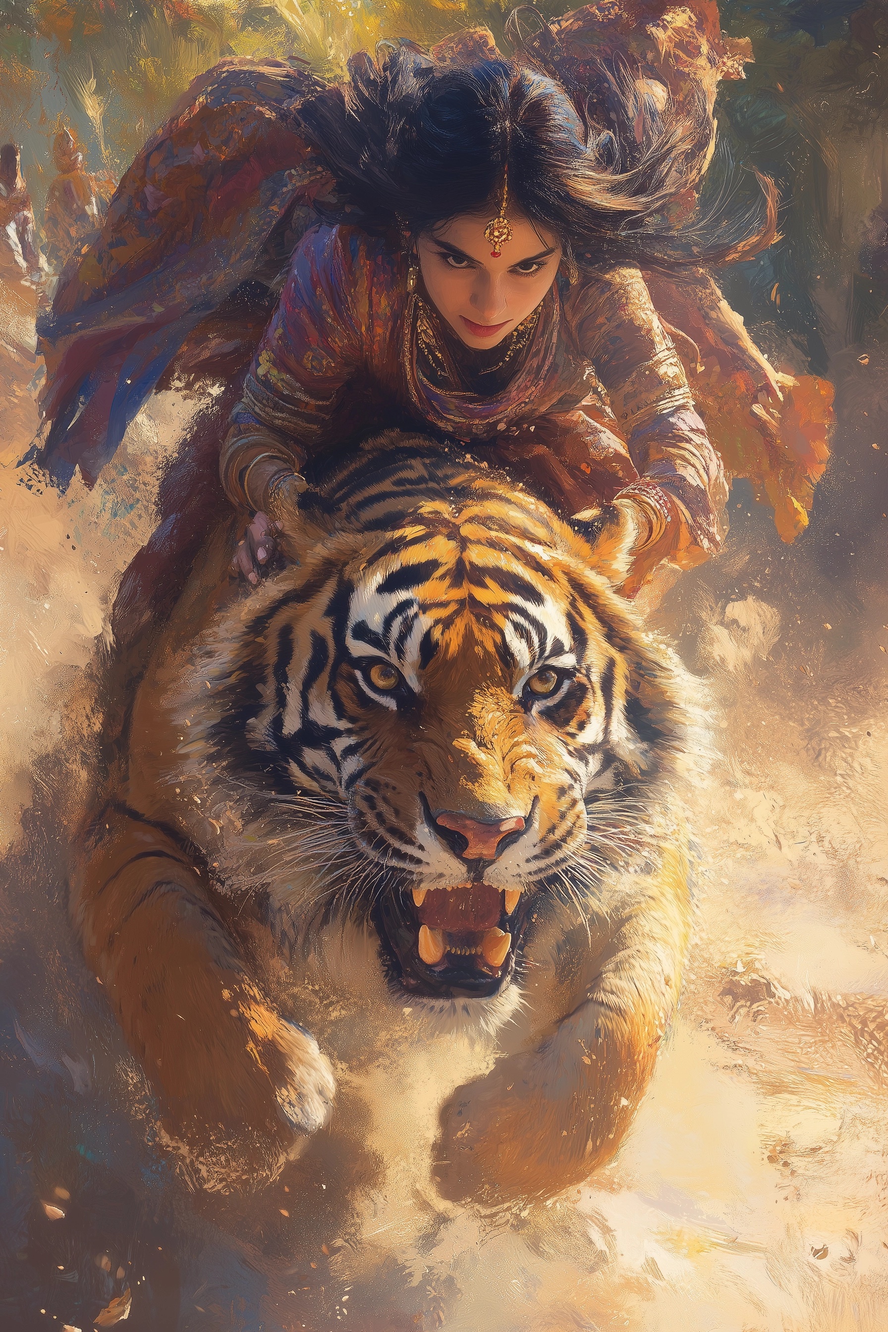 Vibrant Tribal Art: Woman Riding a Fierce Tiger