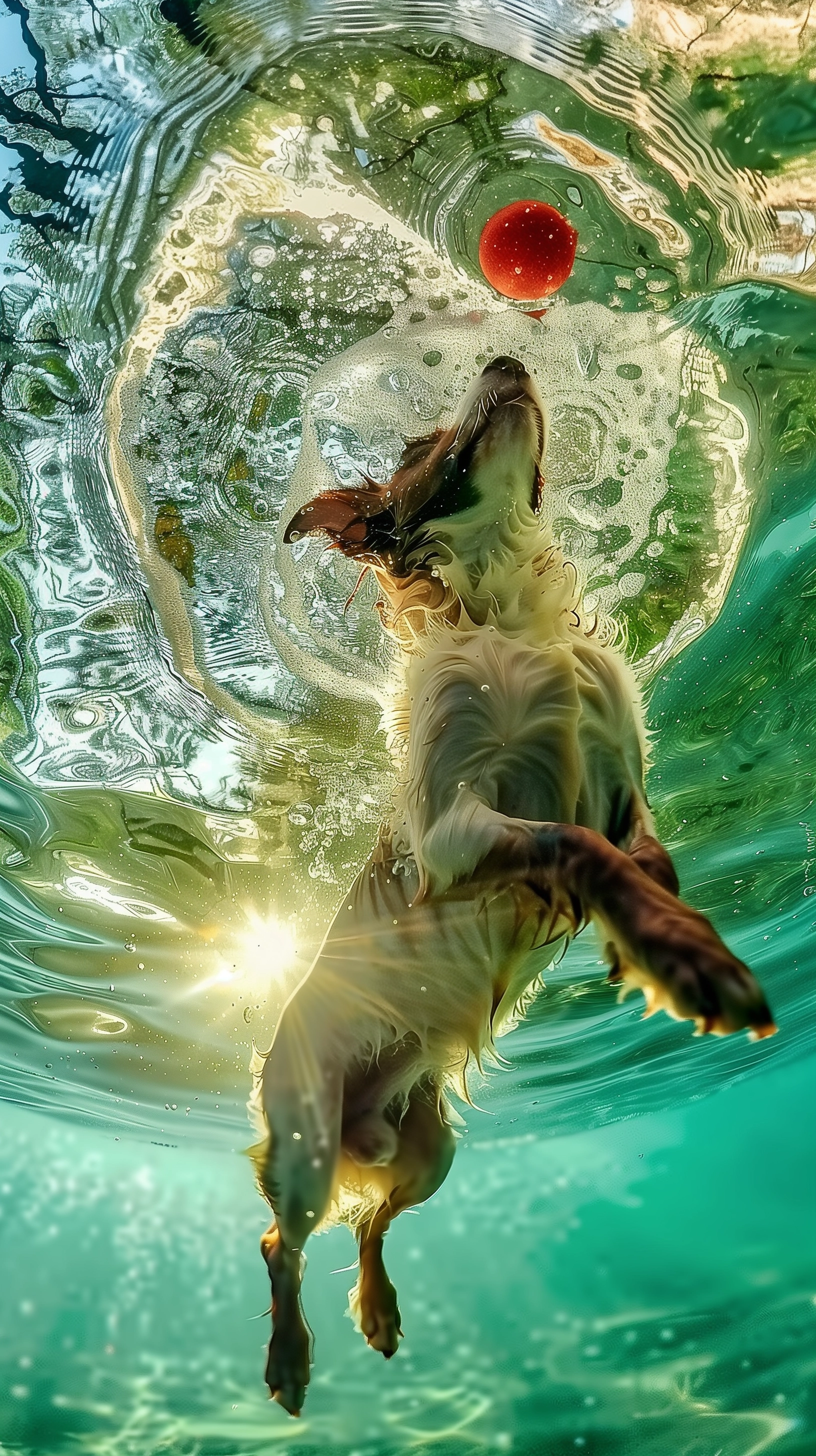 Underwater Dog Catching Red Ball in Playful Dive