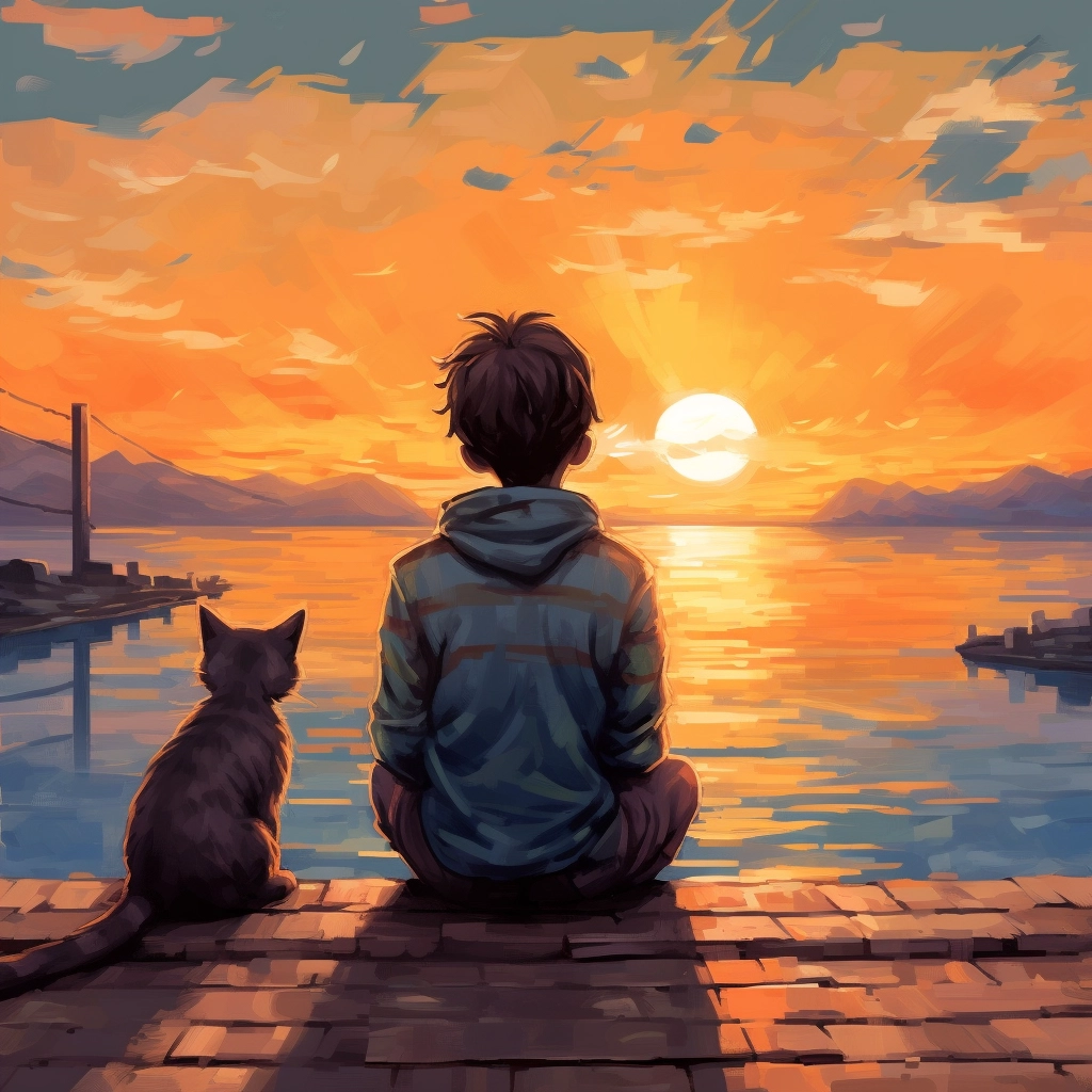 Boy and Cat Watch Sunset in Pixel Art