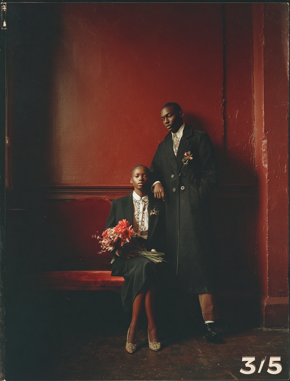 Elegant Fashion: Power Duo in Crimson Room