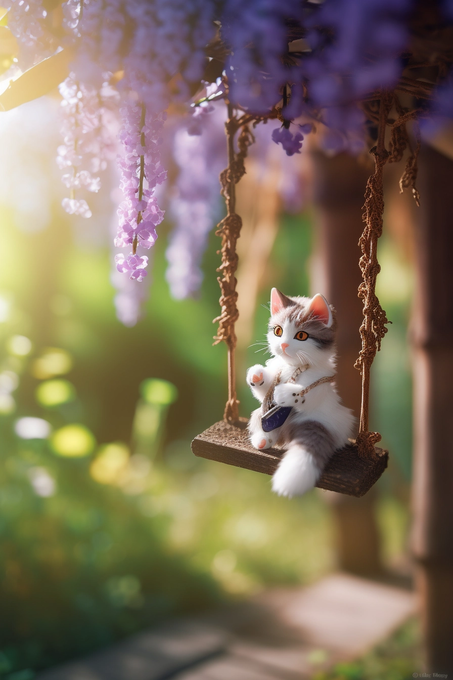 Miniature Kitten in Hanfu Swings Under Wisteria Tree